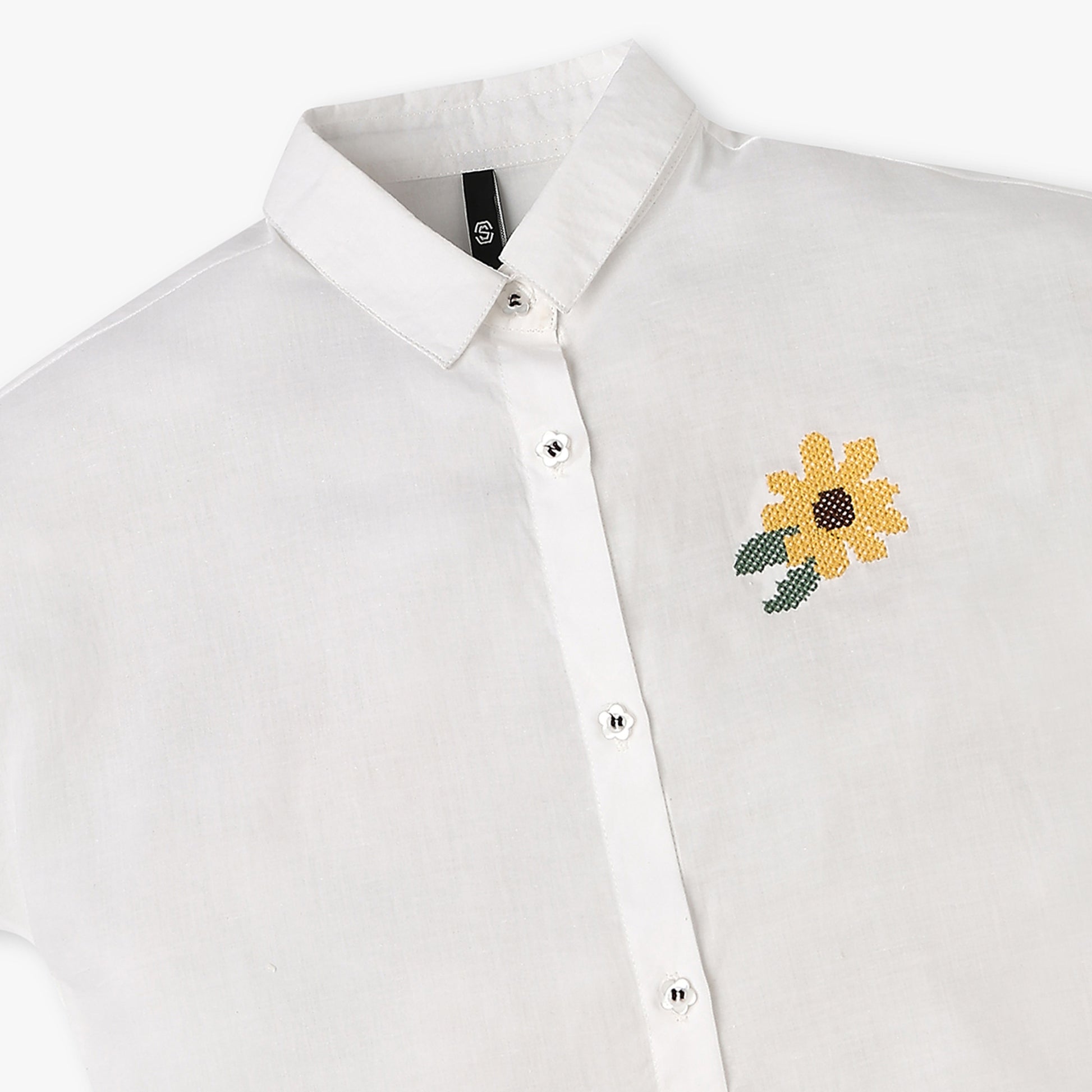 Girls Solid Woven Shirt Collar Top