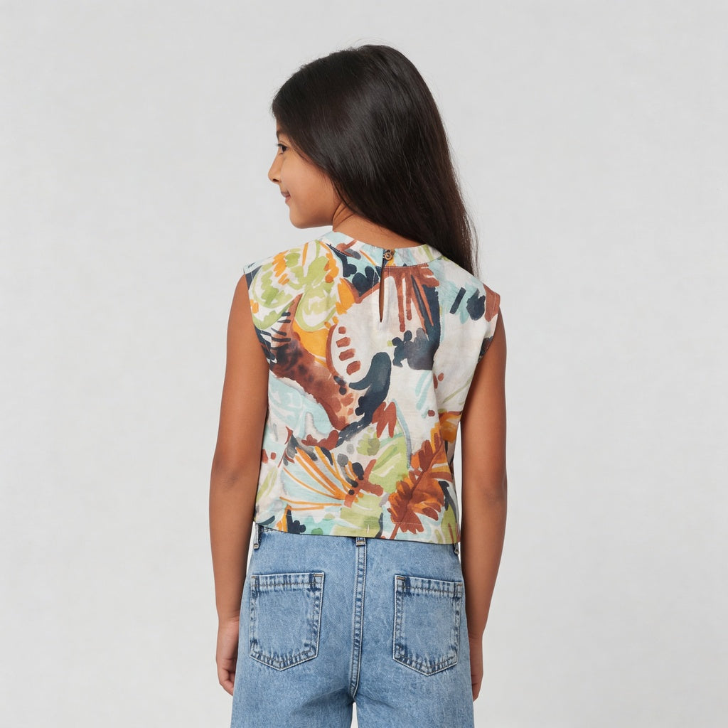 Girls Printed Crew Neck Boxy Fit Top