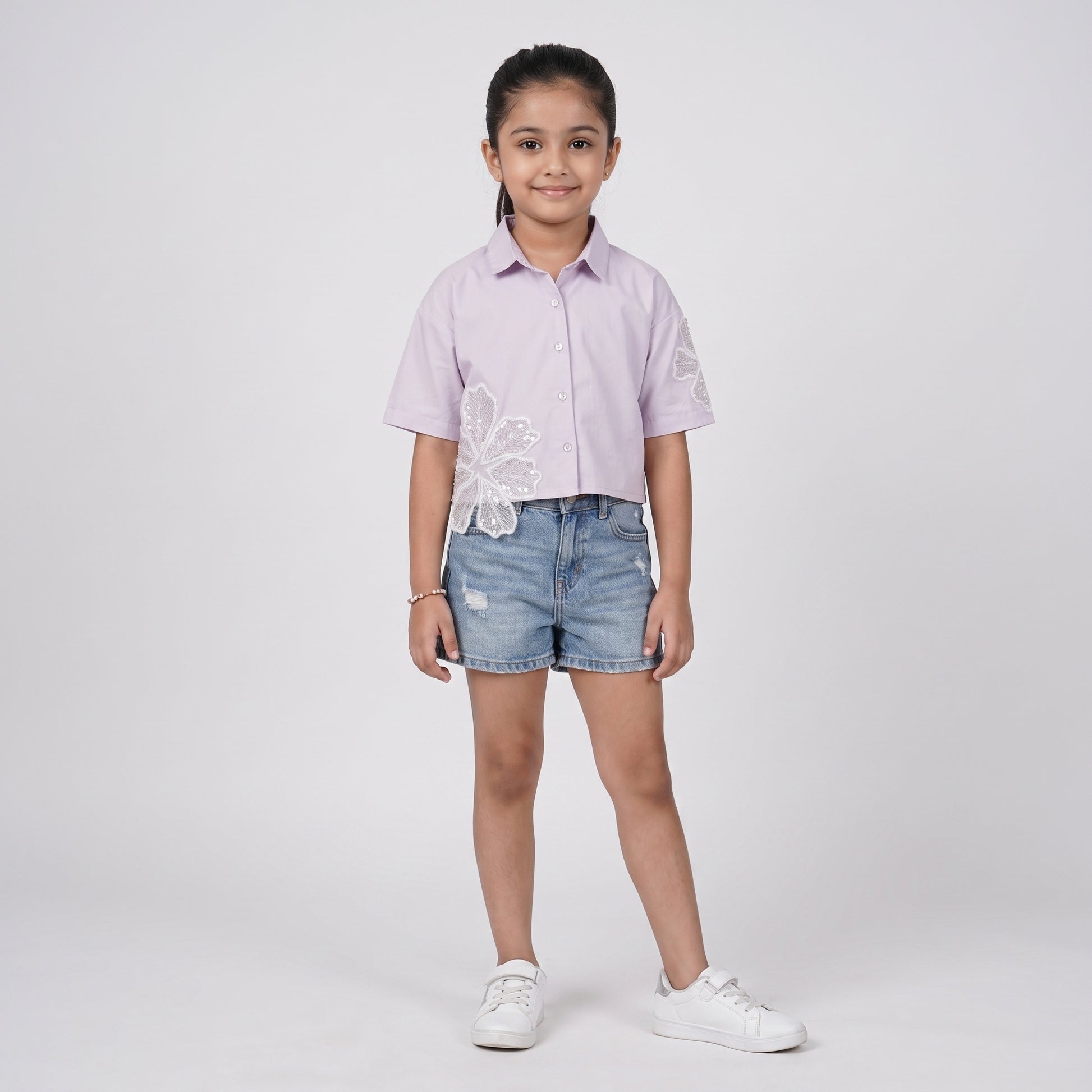 Girls Embellished Collar Shirt with Floral Patch