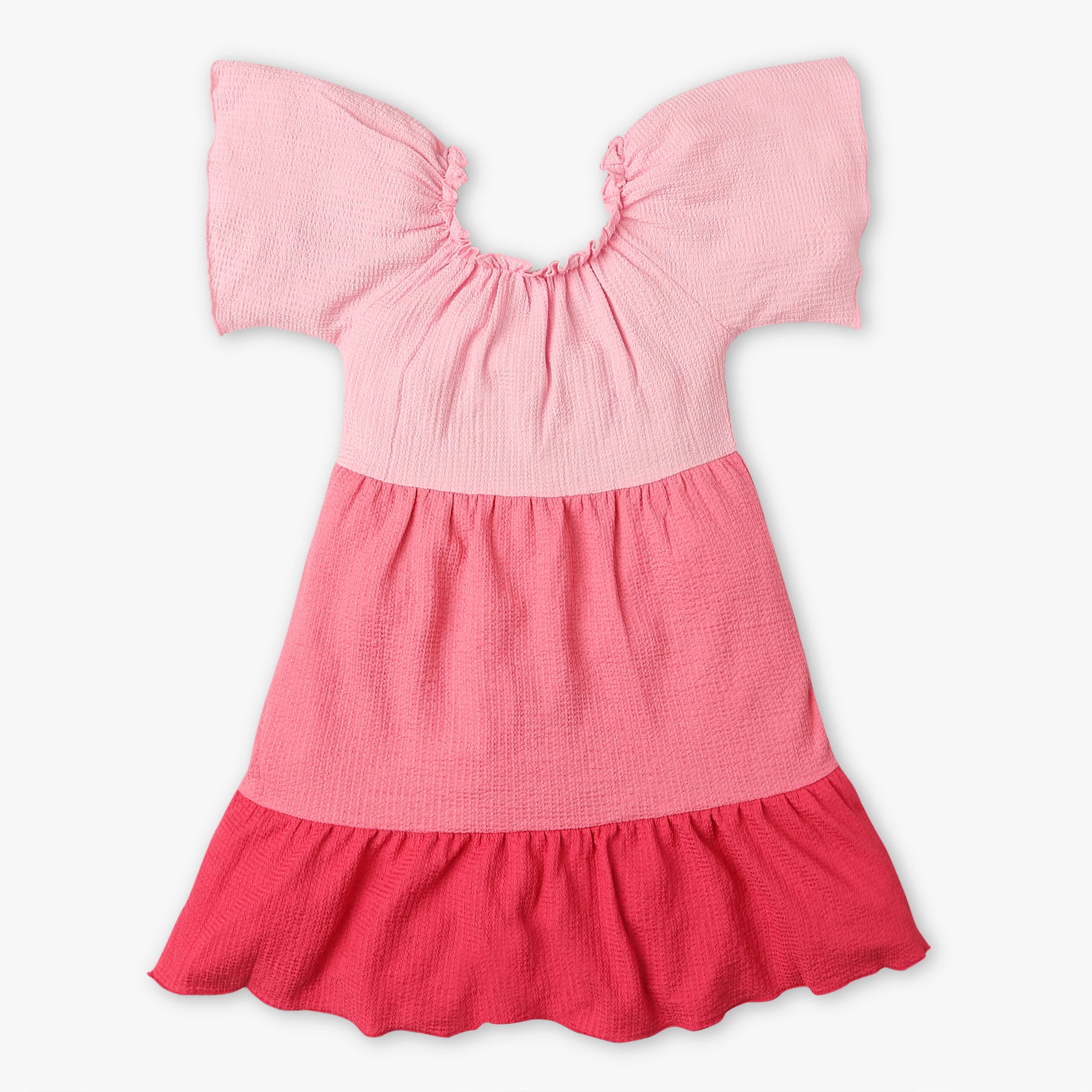 Girls Regular Fit Cut and Sew Square Neck Short Sleeve Dress