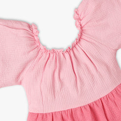 Girls Regular Fit Cut and Sew Square Neck Short Sleeve Dress