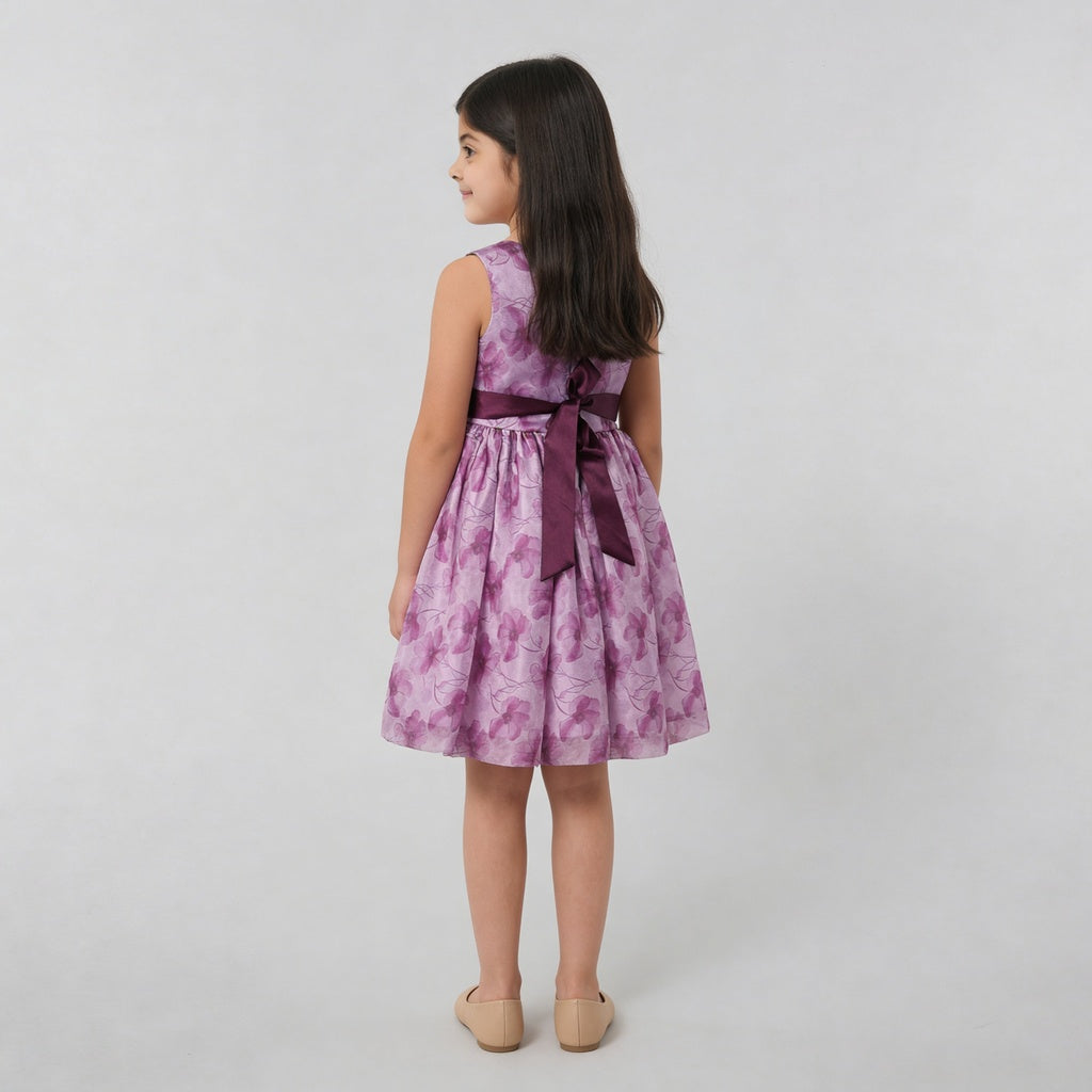 Girls Printed Flared Satin Party Frock