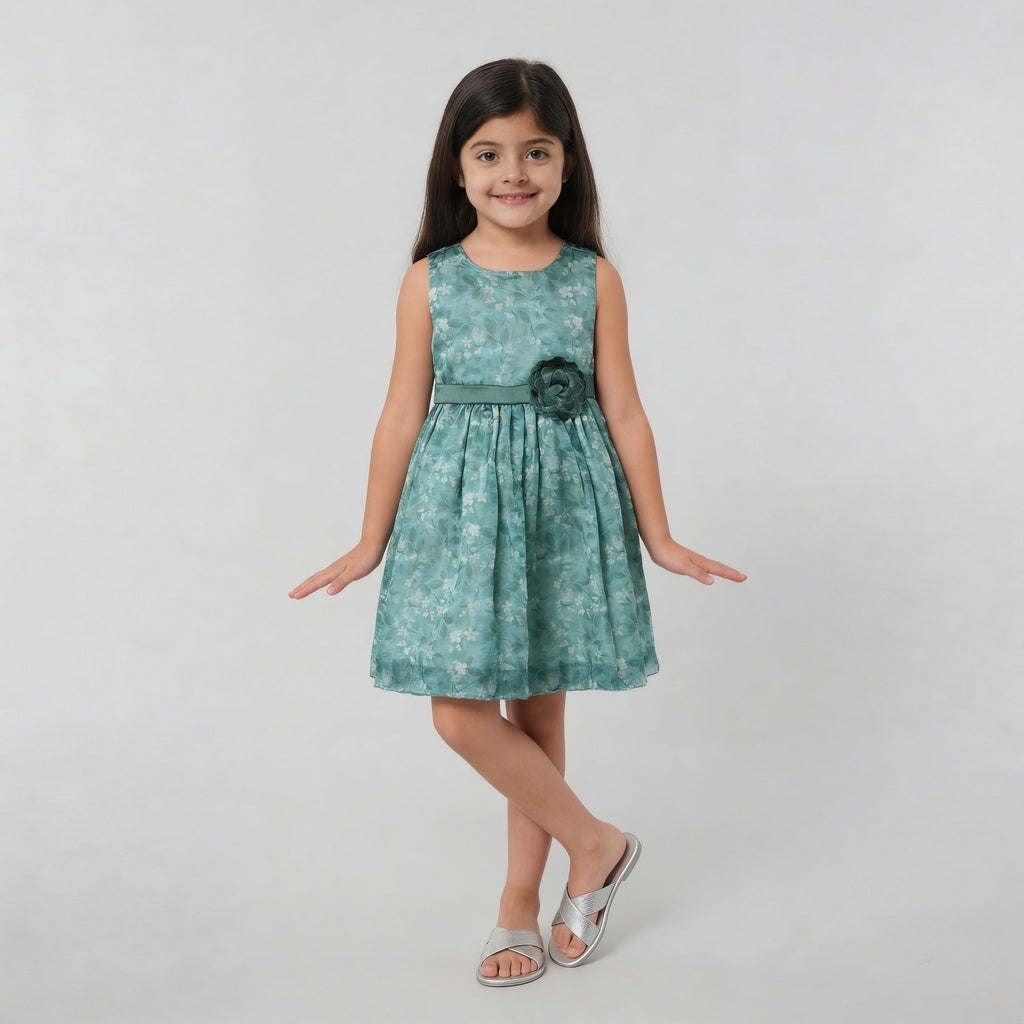 Girls Printed Flared Satin Party Frock