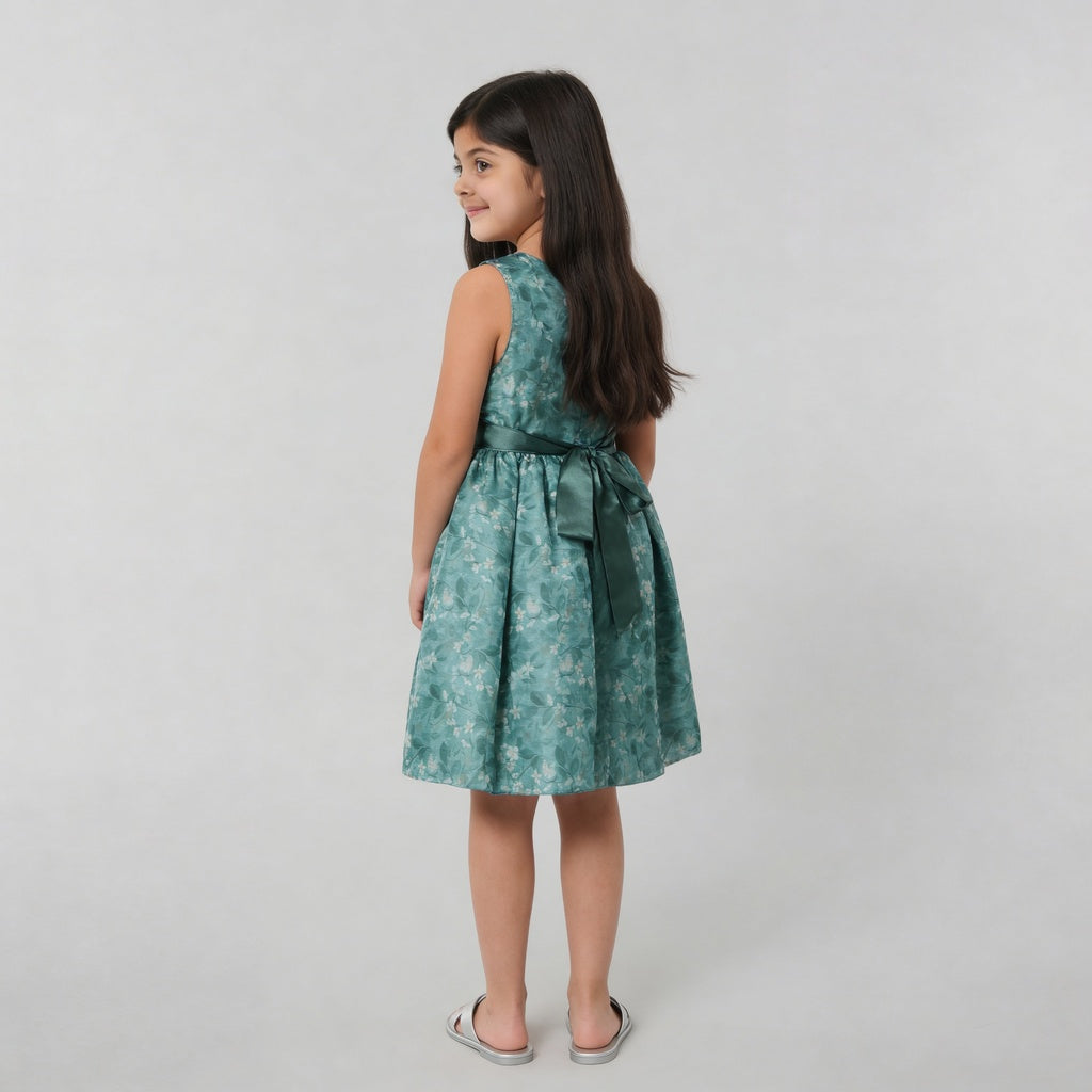 Girls Printed Flared Satin Party Frock