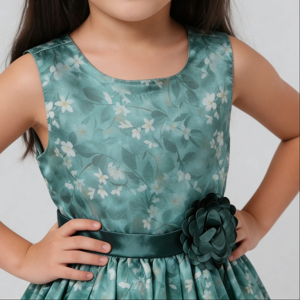 Girls Printed Flared Satin Party Frock