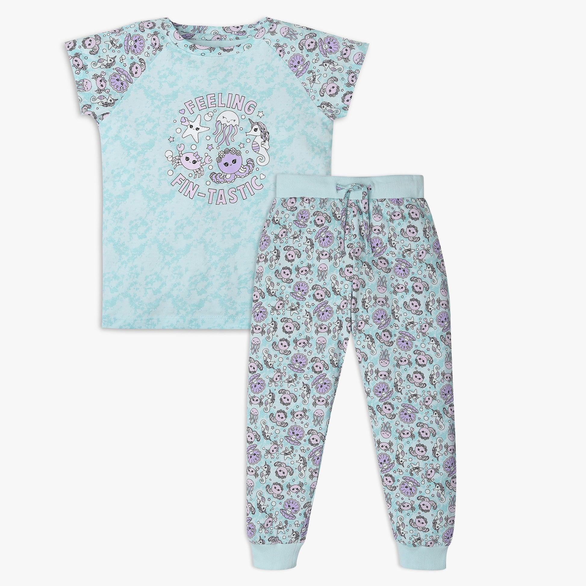 Girls Regular Fit Printed T-Shirt with Pyjama Sleepwear Set