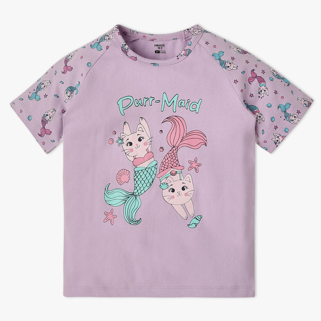 Girls Regular Fit Printed Crew Neck T-Shirt with Trackpant Sleepwear Set