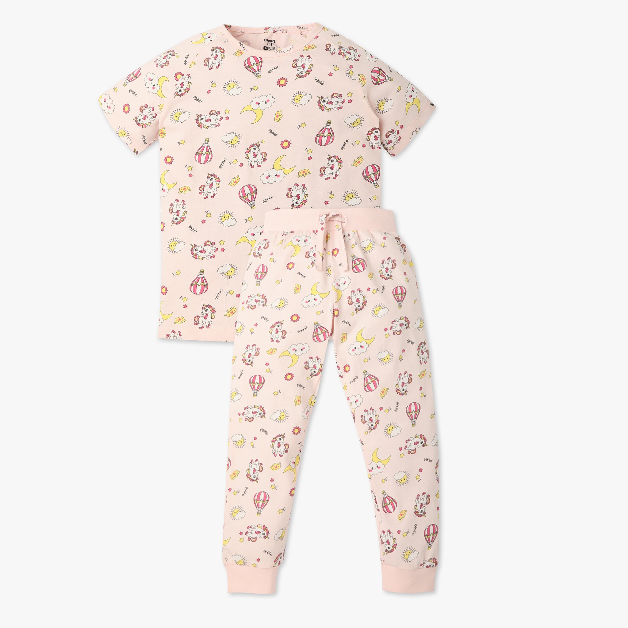 Girls Regular Fit All Over Print Crew Neck T-Shirt with Trackpant Sleepwear Set