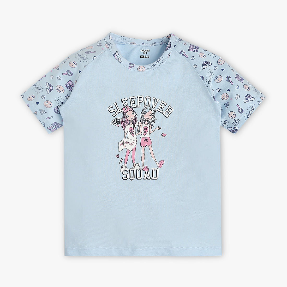 Girls Regular Fit Printed Crew Neck Short Sleeve T-Shirt with Trackpant Sleepwear Set