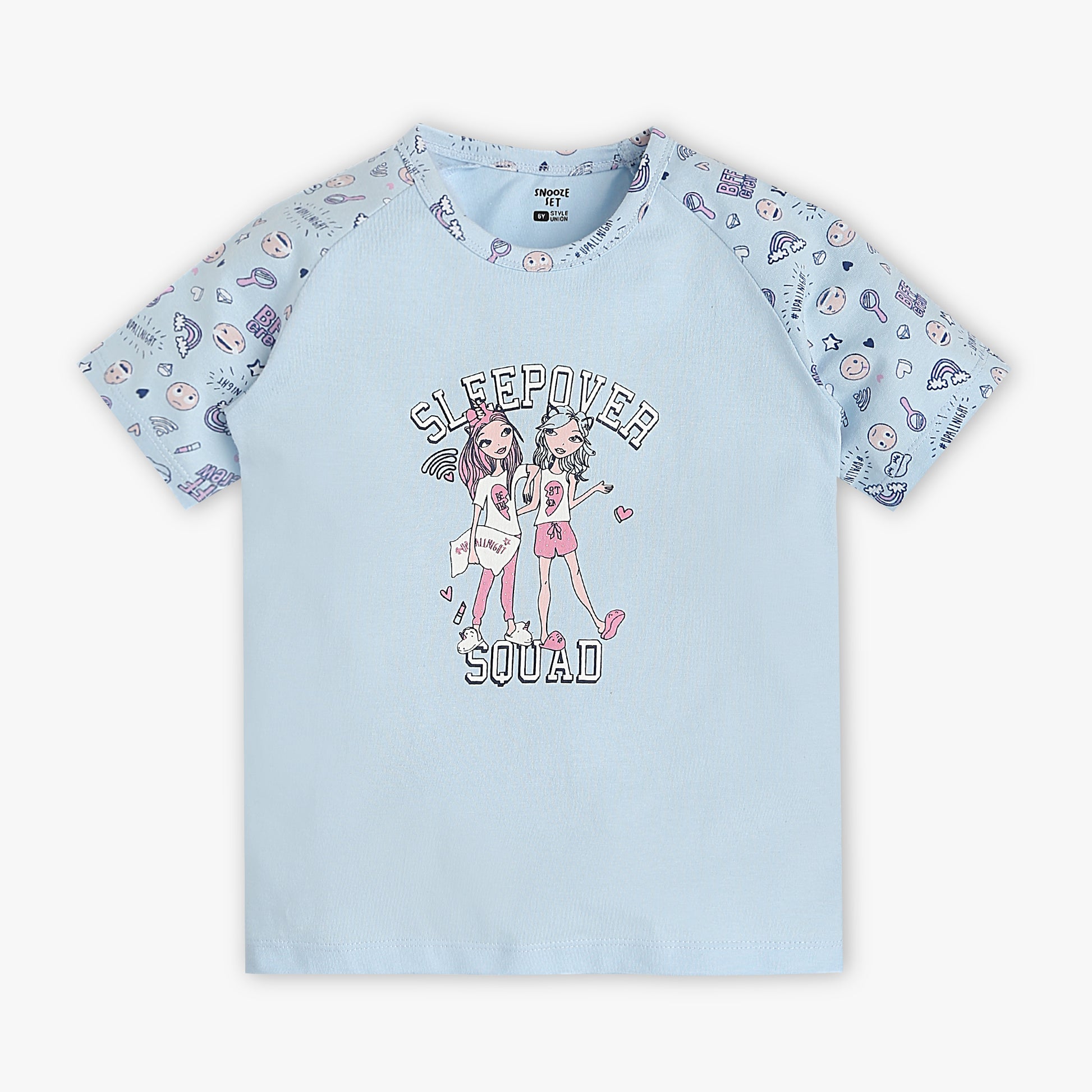 Girls Regular Fit Printed Crew Neck Short Sleeve T-Shirt with Trackpant Sleepwear Set