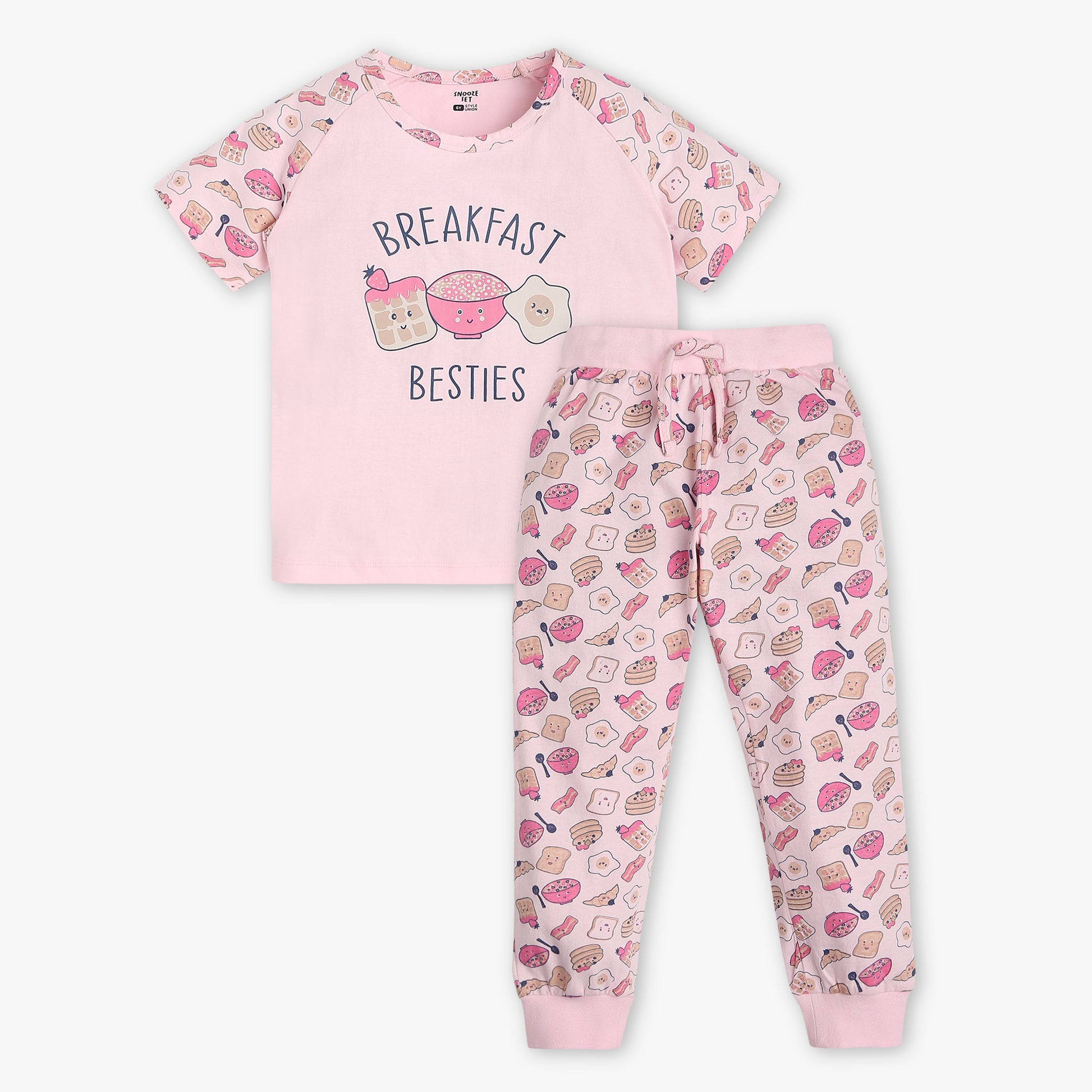 Girls Regular Fit Printed Crew Neck Short Sleeve T-Shirt with Trackpant Sleepwear Set