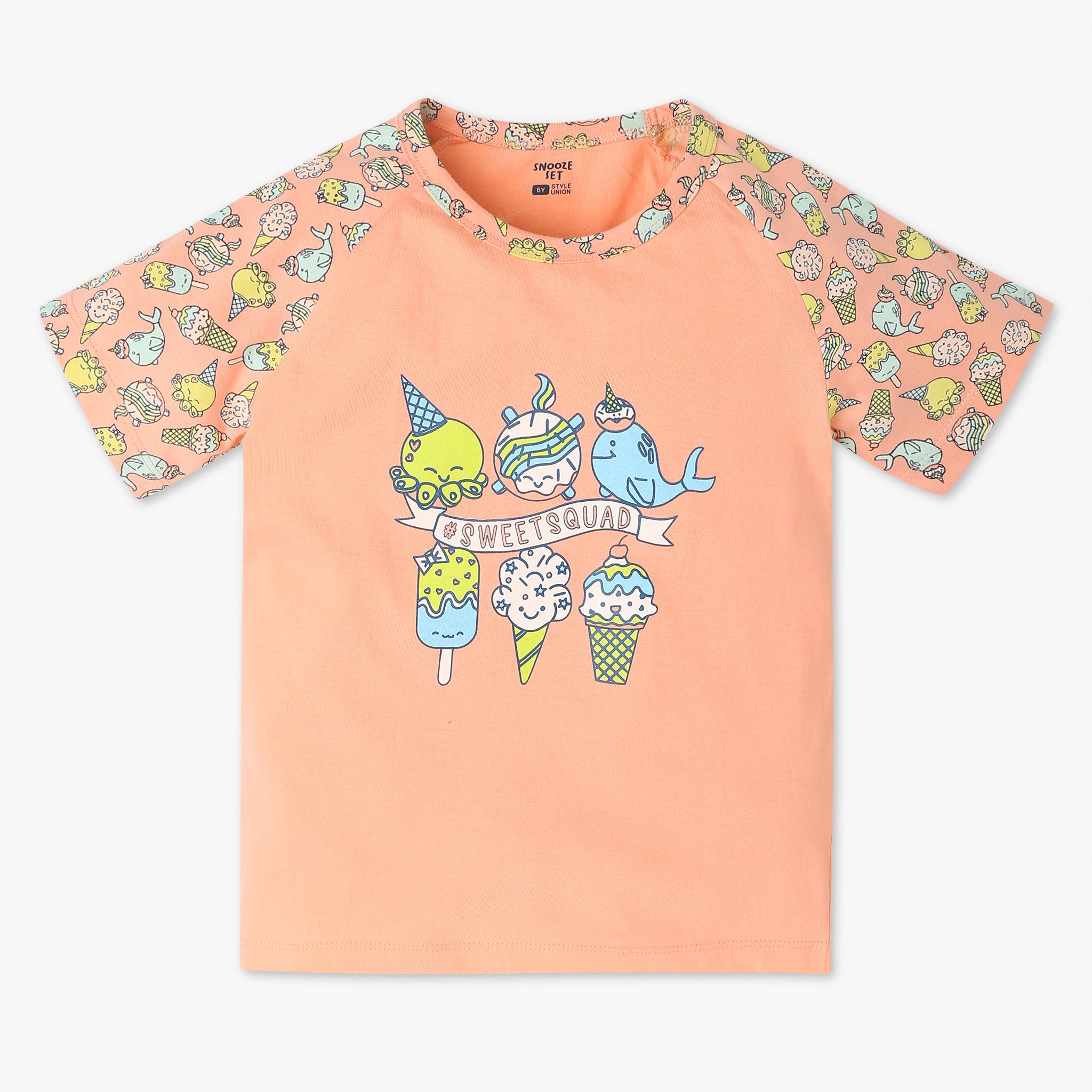 Girls "Must Have Snooze Coordinate Set. Refreshing Graphic T-Shirt With Matching Pattern Printed Trackpant. Comfortable Body For Ease. Breathable And Absorbent 100% Cotton Single Jersey Fabric."