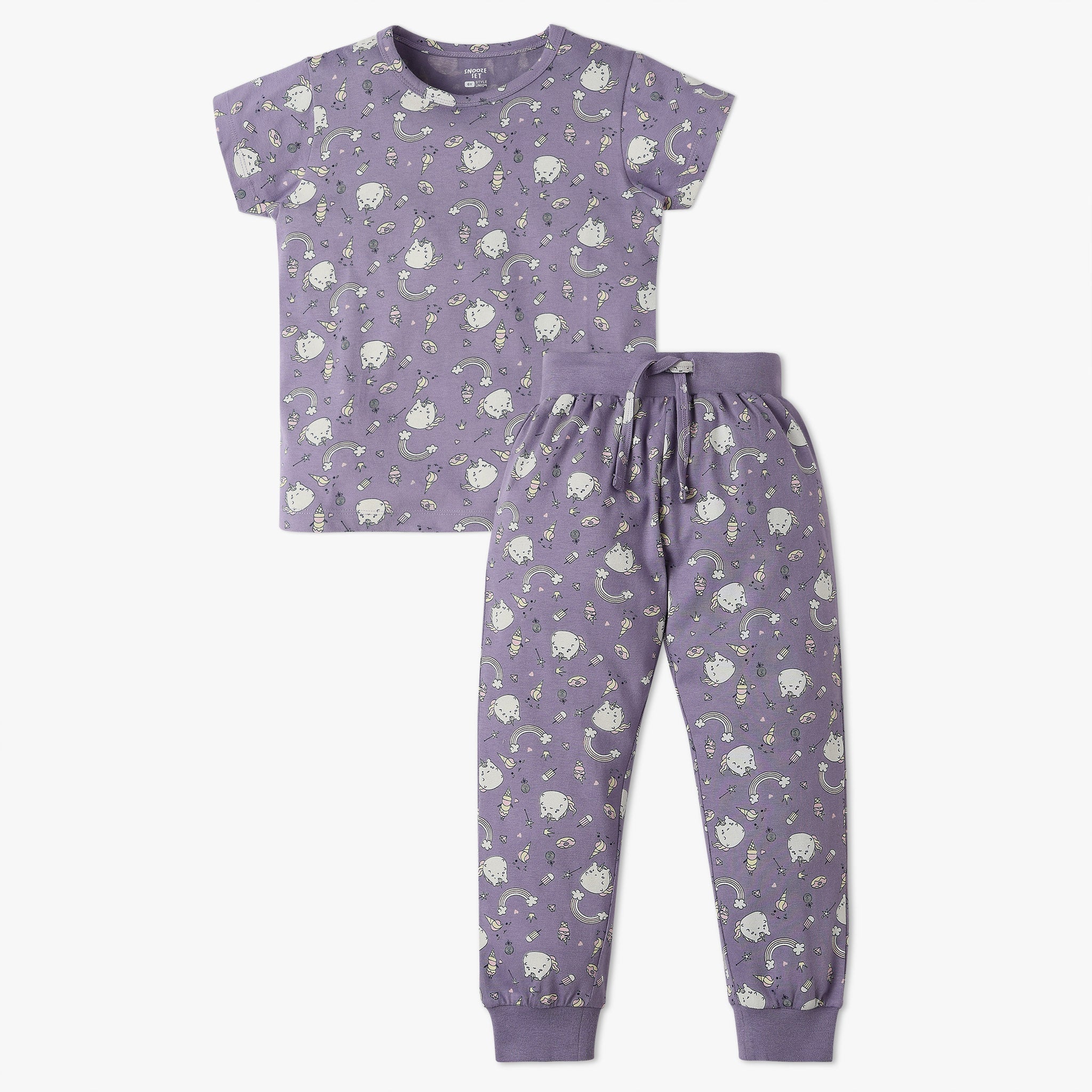 Girls All Over Print Knitted Crew Neck T-Shirt With Trackpant Sleepwear Set