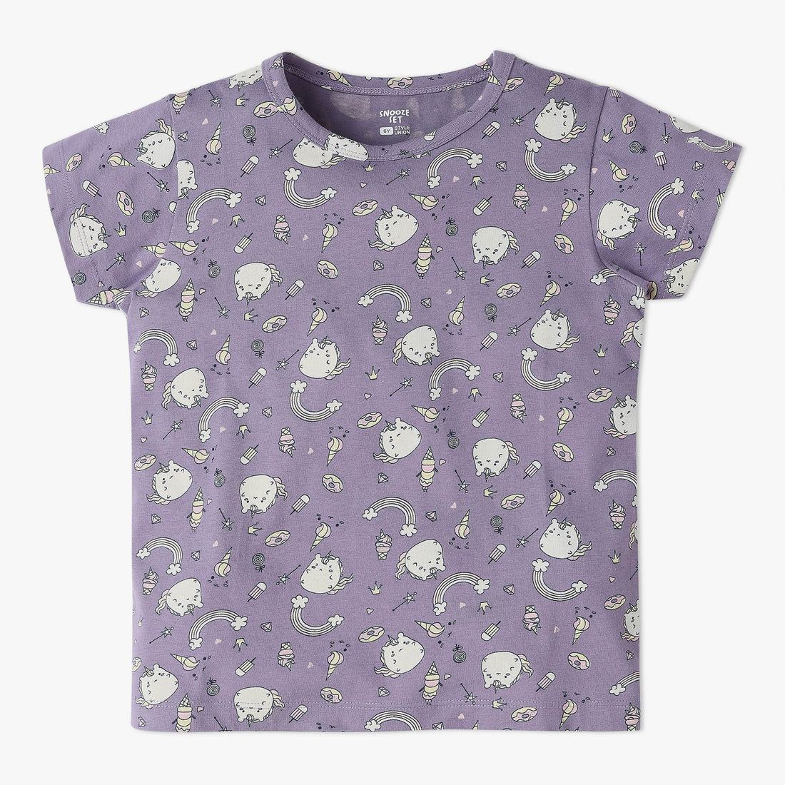 Girls All Over Print Knitted Crew Neck T-Shirt With Trackpant Sleepwear Set
