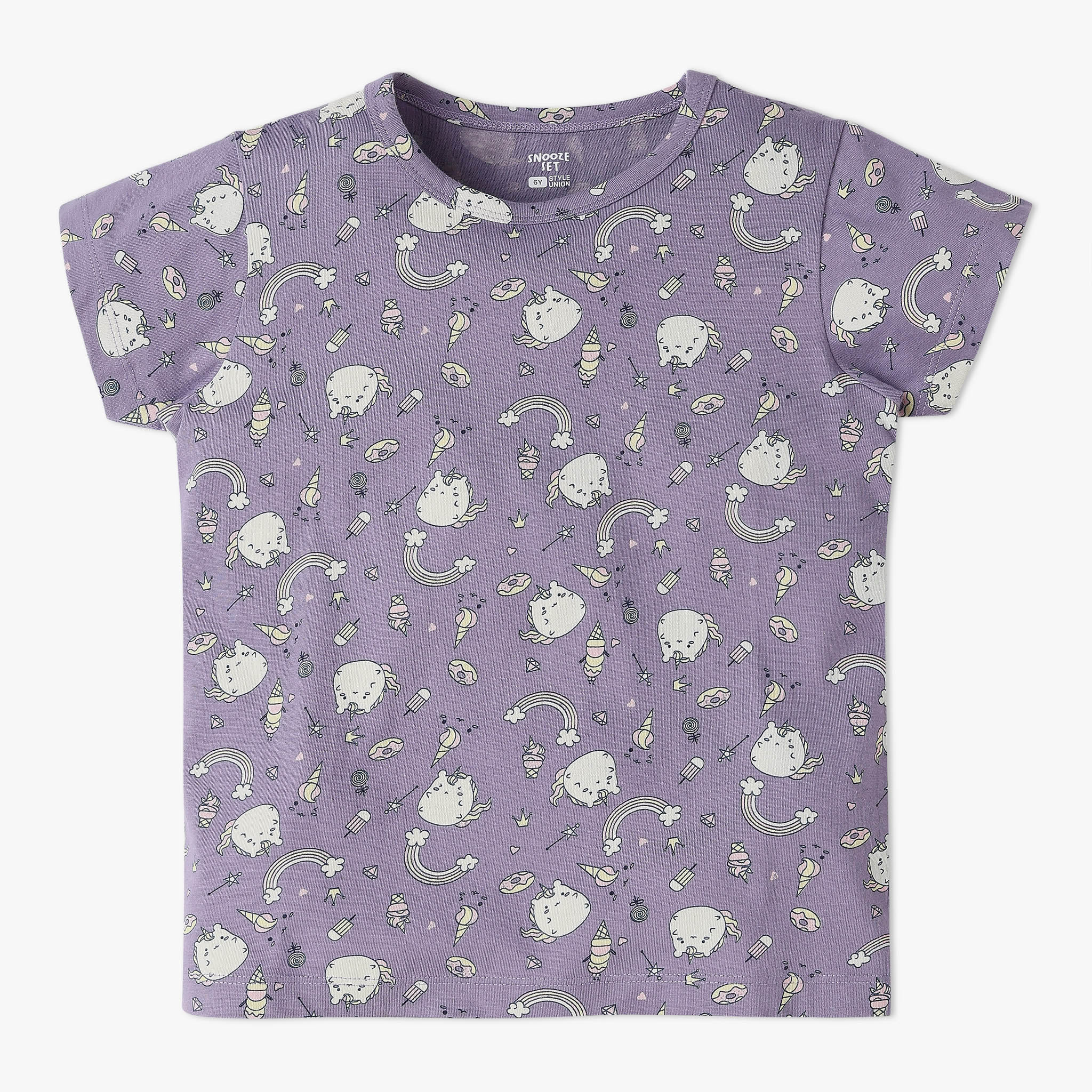 Girls All Over Print Knitted Crew Neck T-Shirt With Trackpant Sleepwear Set