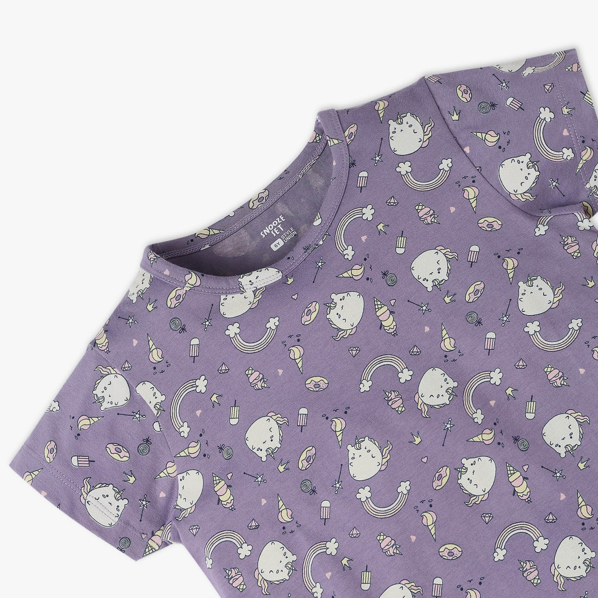 Girls All Over Print Knitted Crew Neck T-Shirt With Trackpant Sleepwear Set