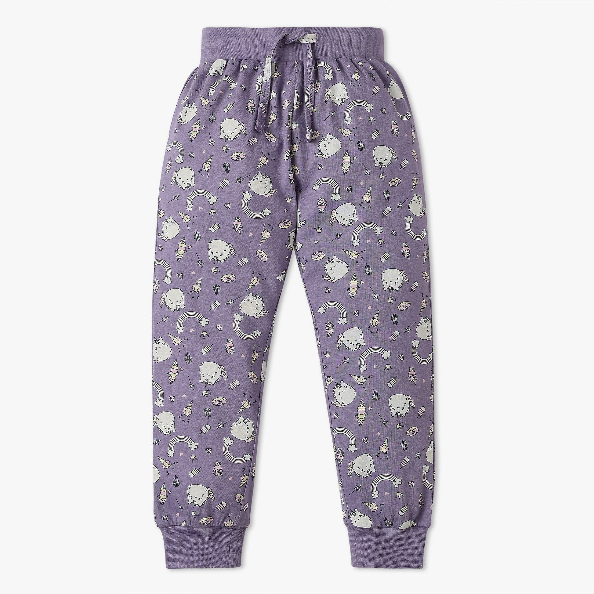 Girls All Over Print Knitted Crew Neck T-Shirt With Trackpant Sleepwear Set