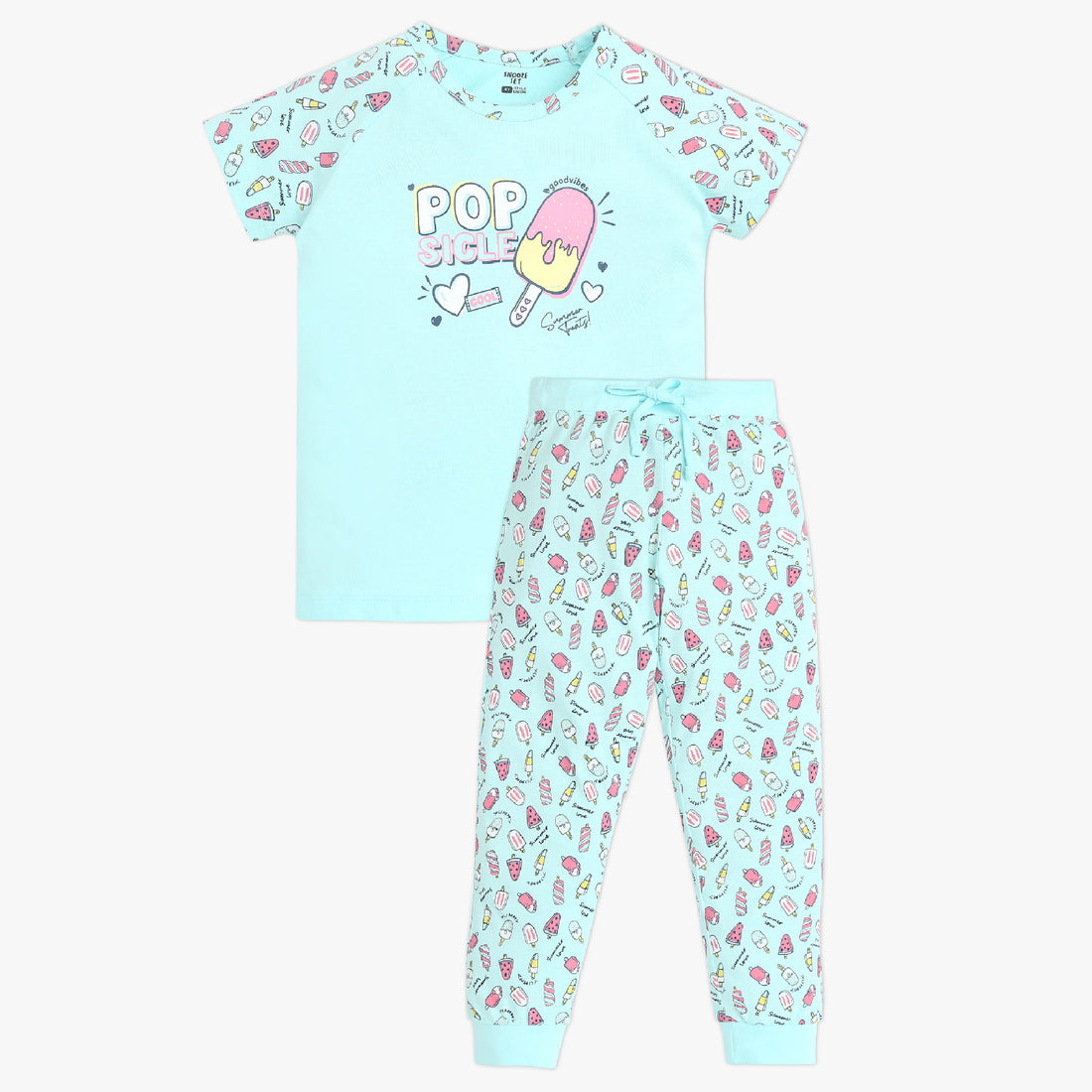 Girls Crew Neck Cap Sleeve Printed Must Have Snooze Cordinate Set | Refreshing Graphic Tshirt With Matching Pattern Printed Trackpant | Comfortable Body For Ease | Breathable And Absorbent 100% Cotton Single Jersey Fabric.
