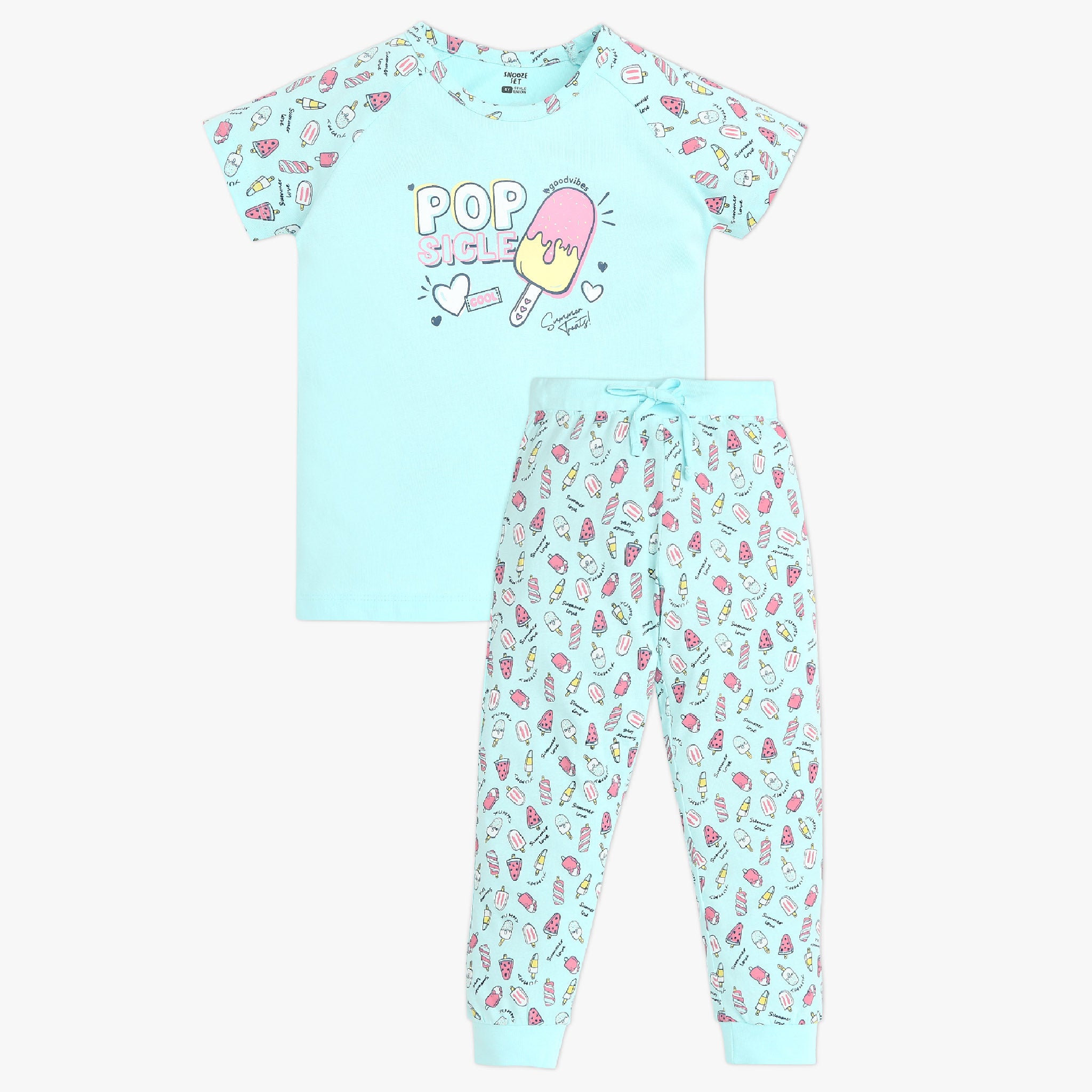 Girls Crew Neck Cap Sleeve Printed Must Have Snooze Cordinate Set | Refreshing Graphic Tshirt With Matching Pattern Printed Trackpant | Comfortable Body For Ease | Breathable And Absorbent 100% Cotton Single Jersey Fabric.