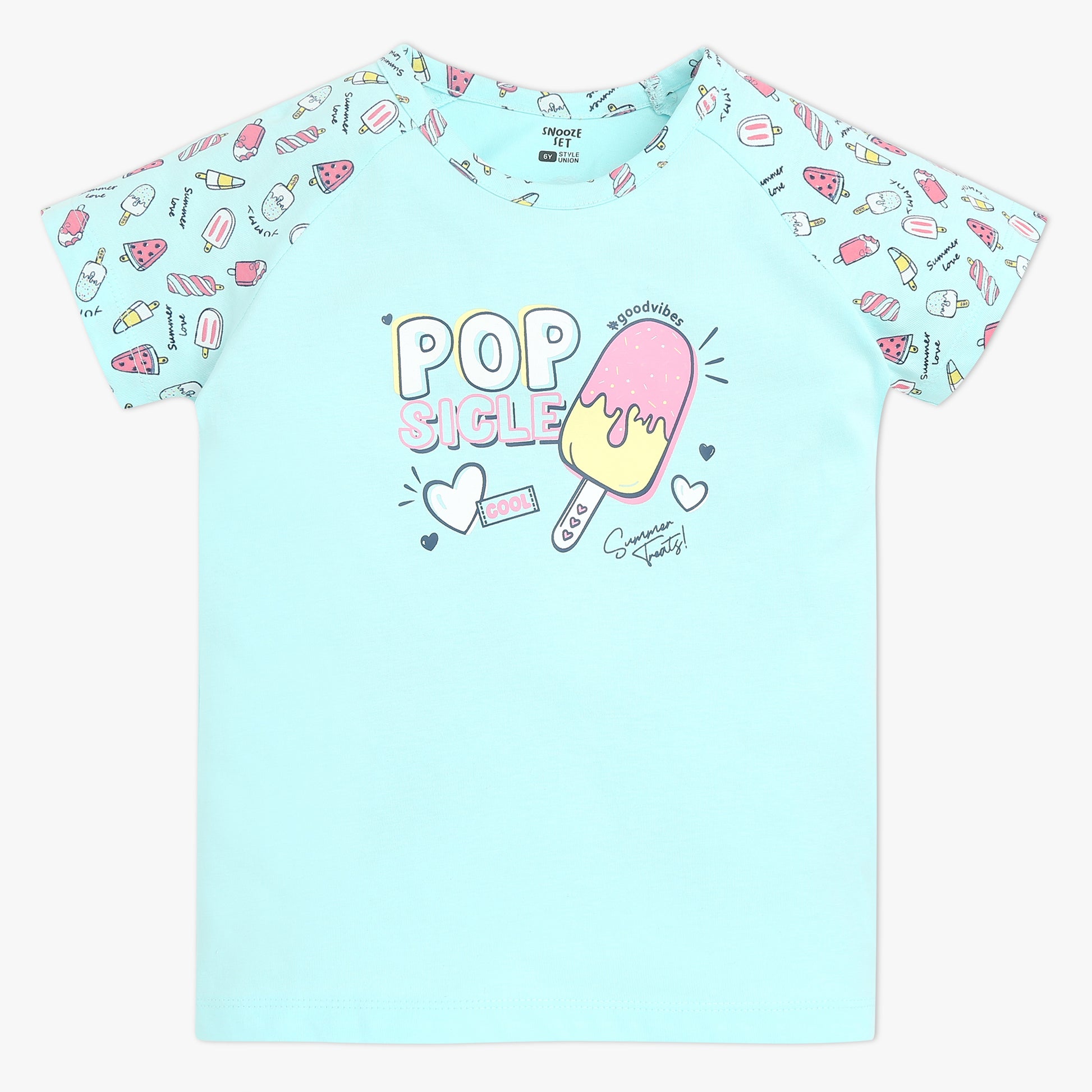 Girls Crew Neck Cap Sleeve Printed Must Have Snooze Cordinate Set | Refreshing Graphic Tshirt With Matching Pattern Printed Trackpant | Comfortable Body For Ease | Breathable And Absorbent 100% Cotton Single Jersey Fabric.