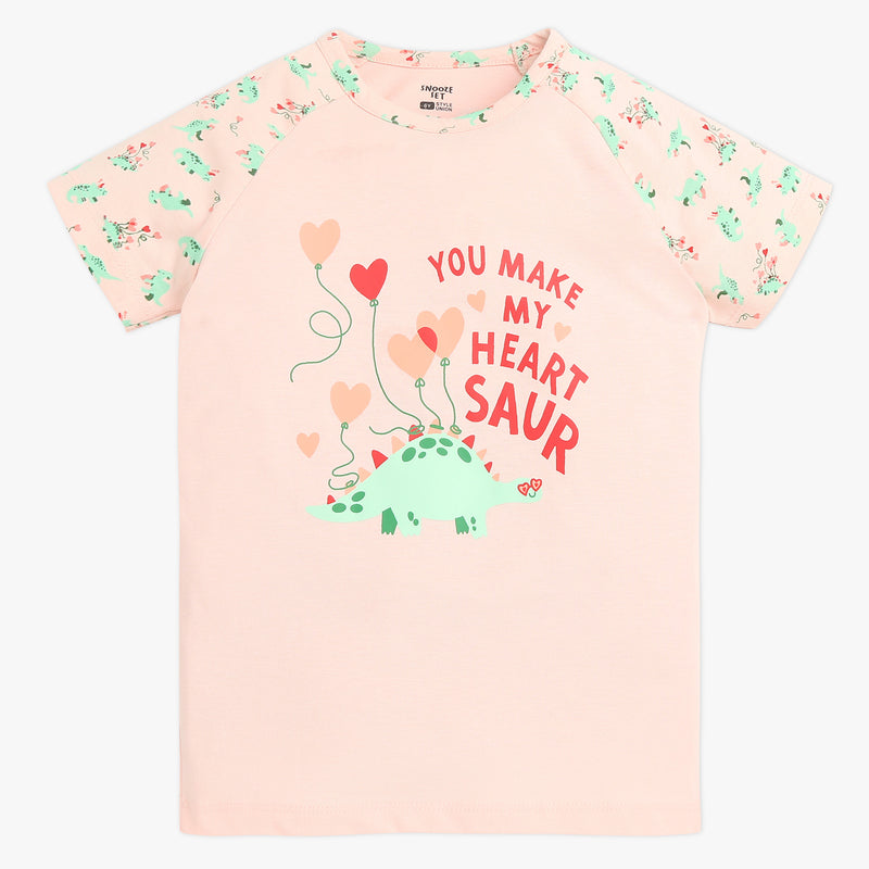 Girls Crew Neck Cap Sleeve Printed Must Have Snooze Cordinate Set | Refreshing Graphic Tshirt With Matching Pattern Printed Trackpant | Comfortable Body For Ease | Breathable And Absorbent 100% Cotton Single Jersey Fabric.