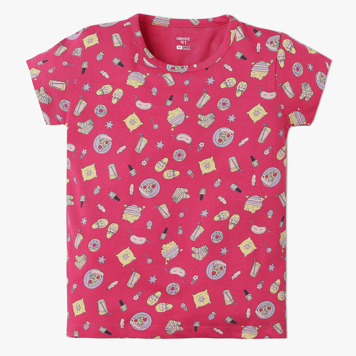 Girls All Over Print Knitted Crew Neck T-Shirt With Trackpant Sleepwear Set