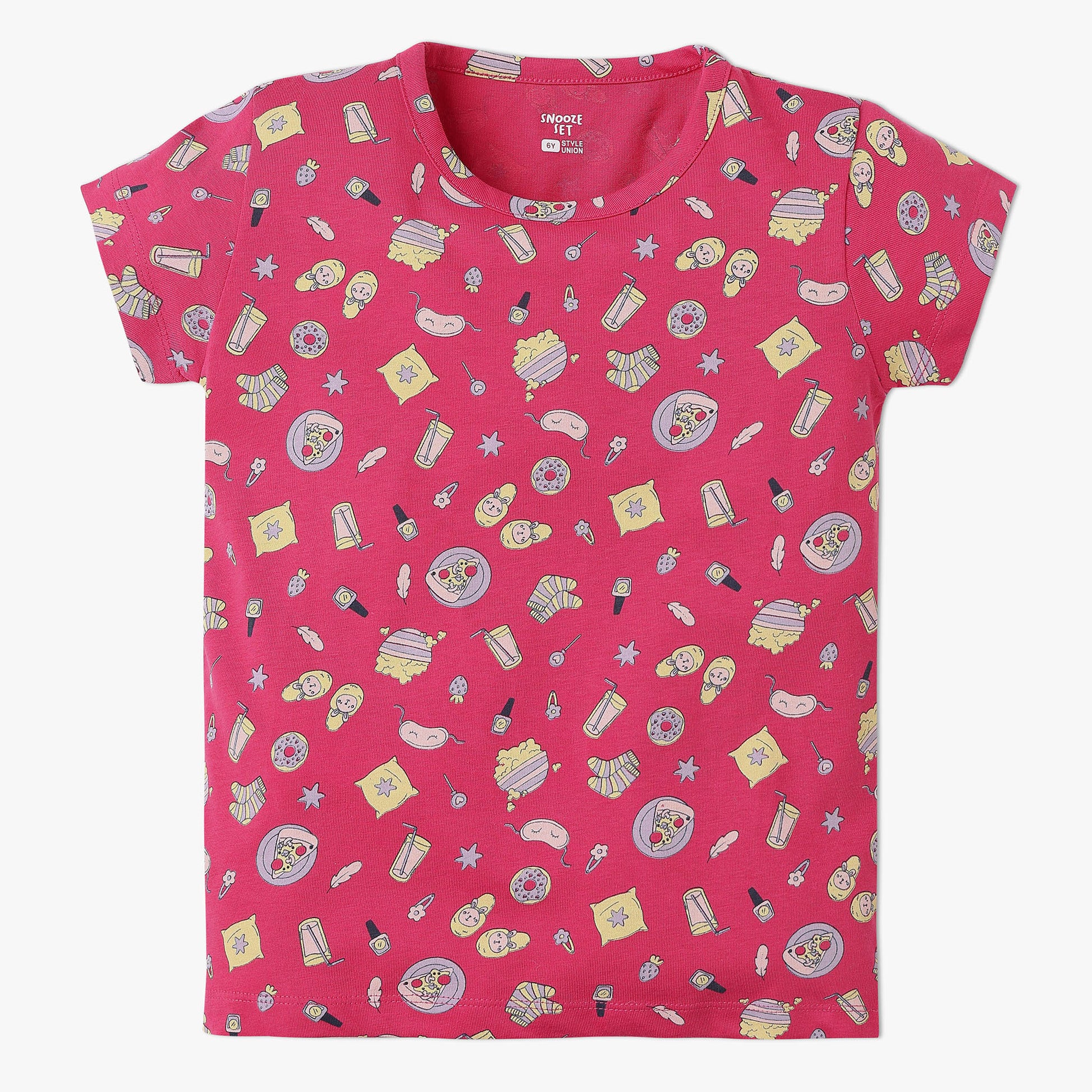 Girls All Over Print Knitted Crew Neck T-Shirt With Trackpant Sleepwear Set