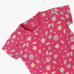 Girls All Over Print Knitted Crew Neck T-Shirt With Trackpant Sleepwear Set