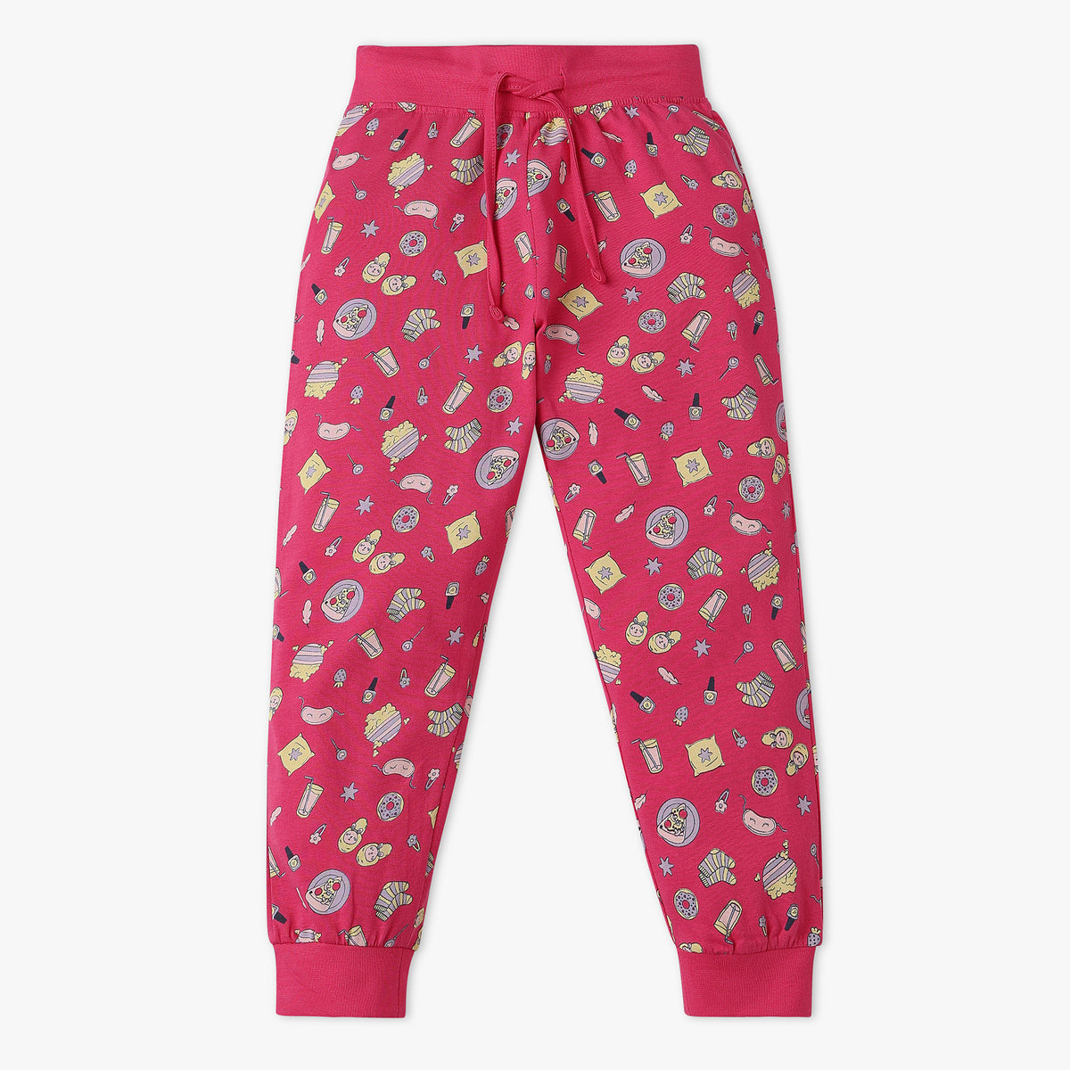 Girls All Over Print Knitted Crew Neck T-Shirt With Trackpant Sleepwear Set