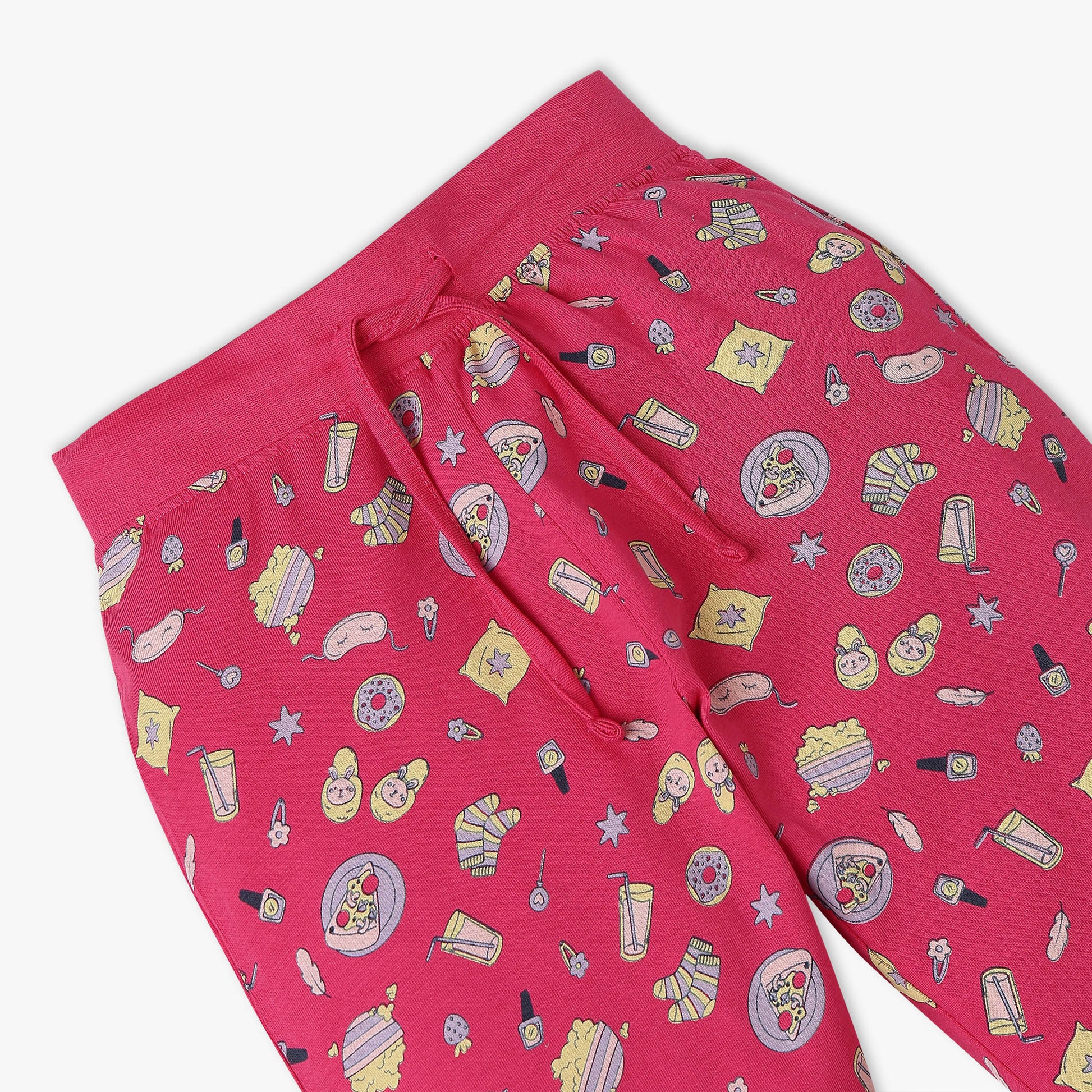 Girls All Over Print Knitted Crew Neck T-Shirt With Trackpant Sleepwear Set