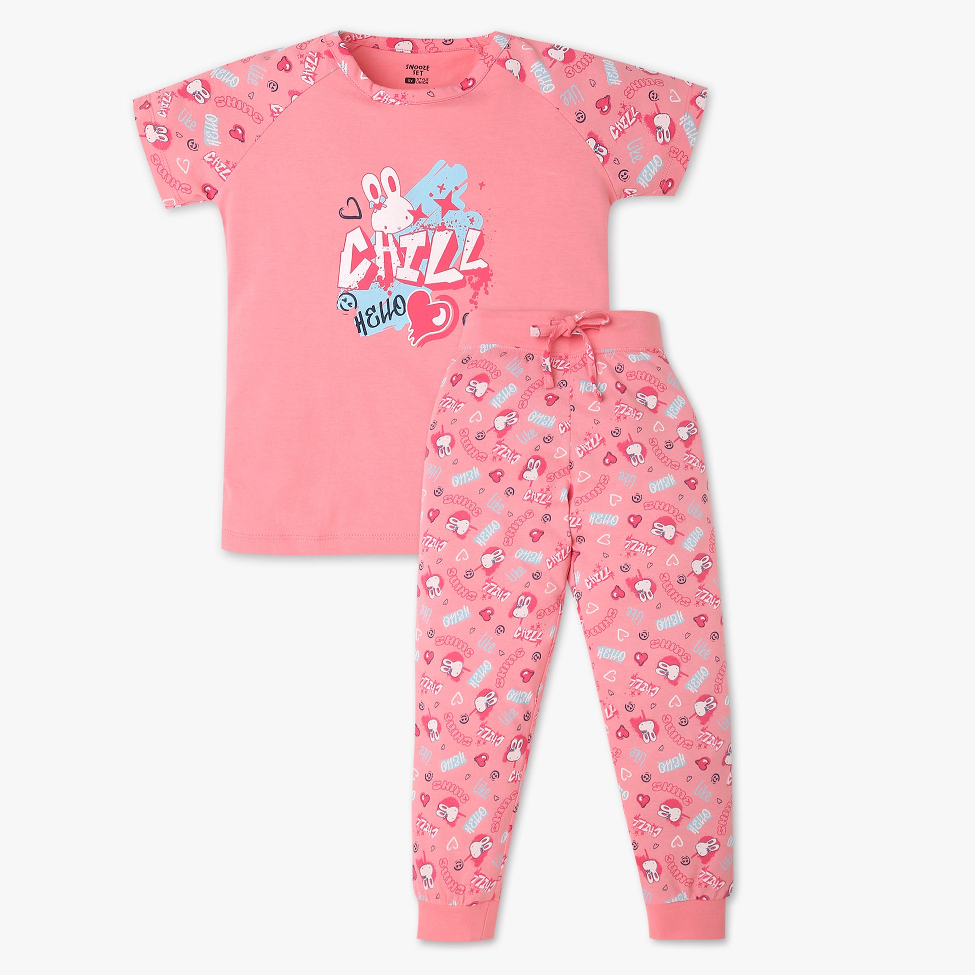 Girls Cotton Printed T-Shirt with Trackpant Snooze Set