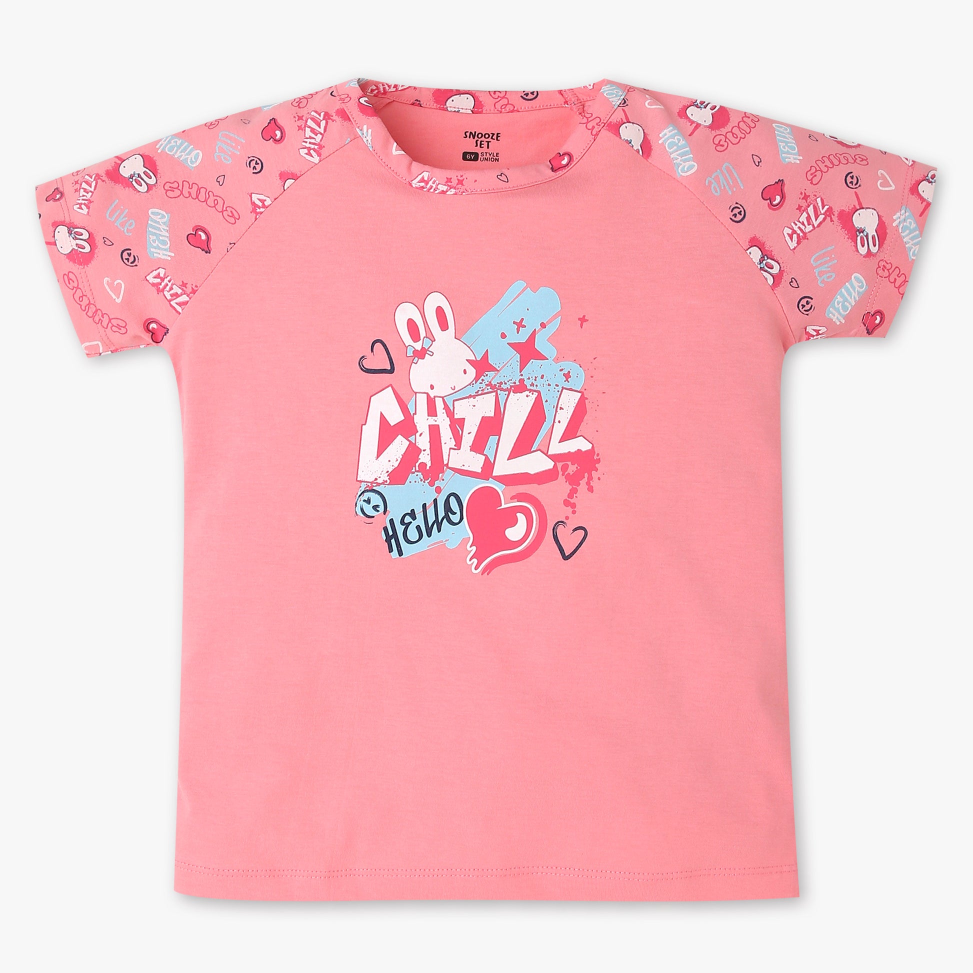 Girls Cotton Printed T-Shirt with Trackpant Snooze Set