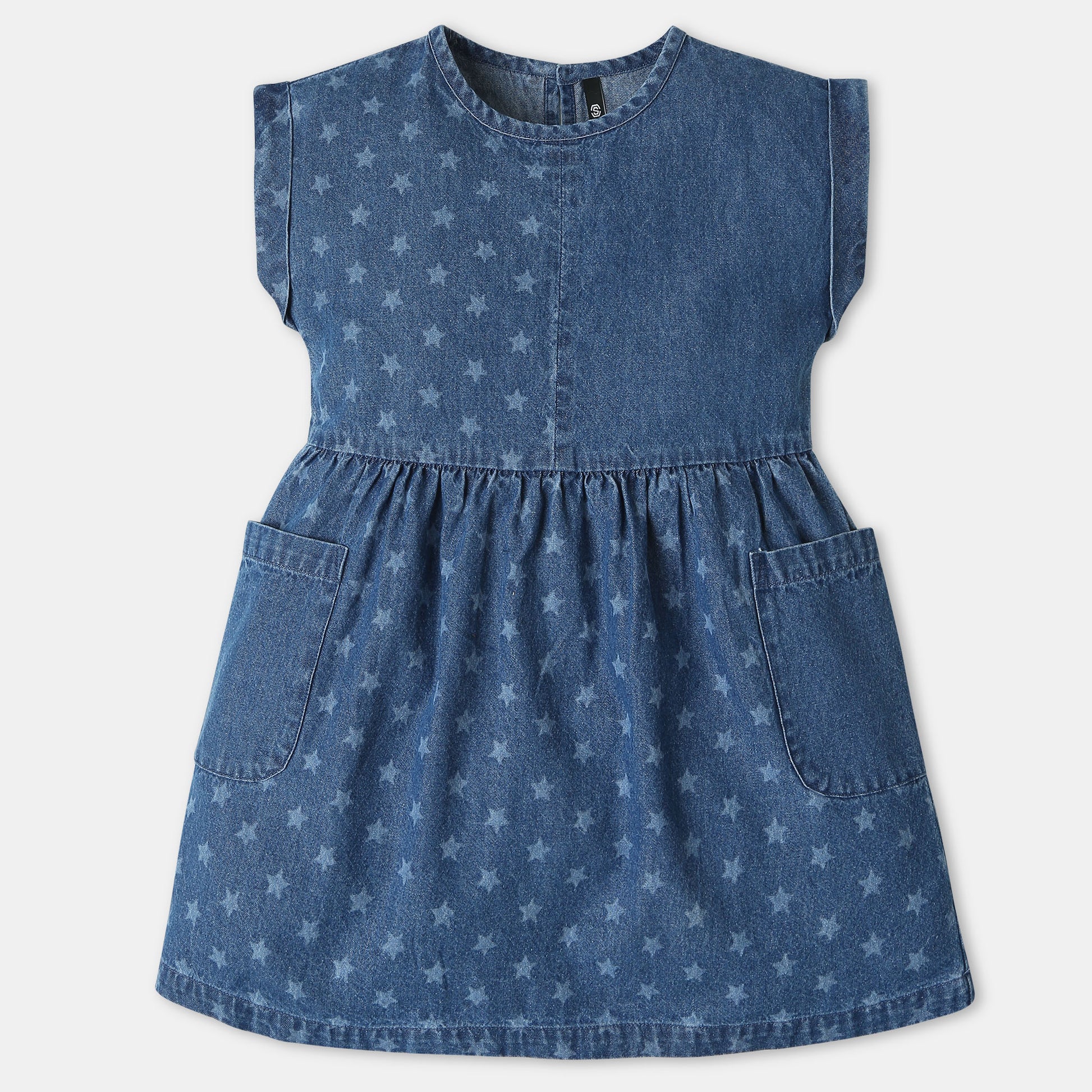 Girls Knee Length Crew Neck Star Printed Denim A-Line Dress with Side Pocket