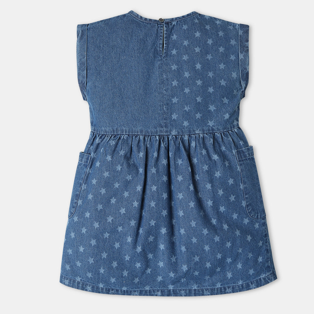Girls Knee Length Crew Neck Star Printed Denim A-Line Dress with Side Pocket