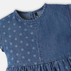 Girls Knee Length Crew Neck Star Printed Denim A-Line Dress with Side Pocket