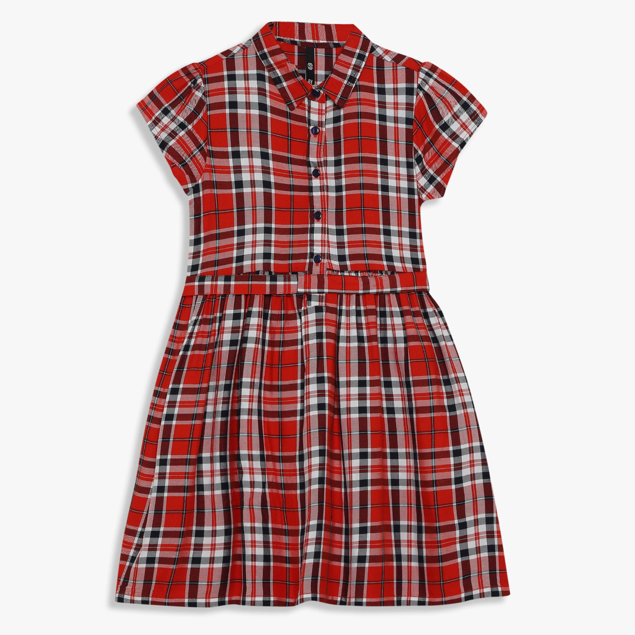 Girls Checkered Below Knee Collar Tunic Flared Dress