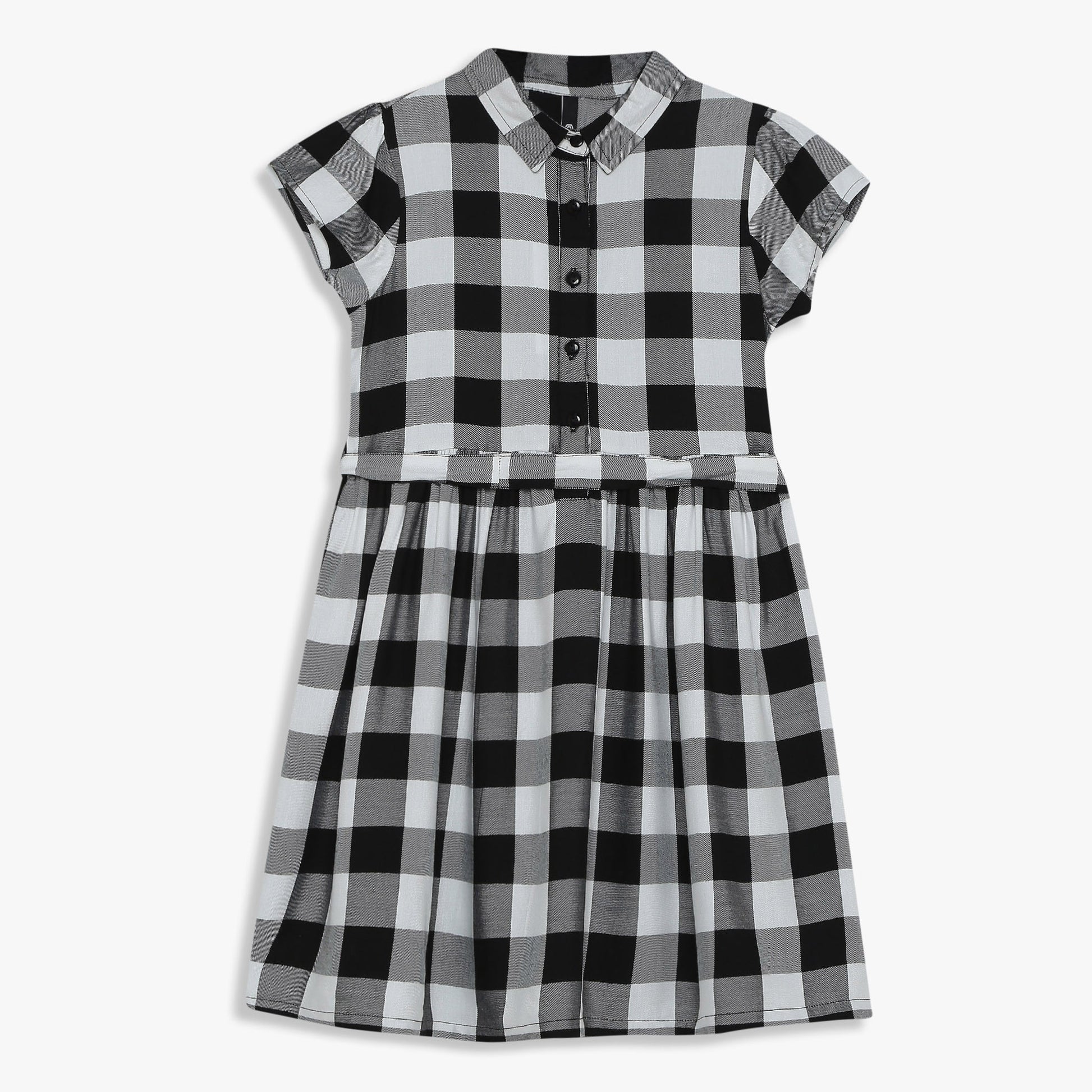 Girls Checkered Below Knee Collar Tunic Flared Dress