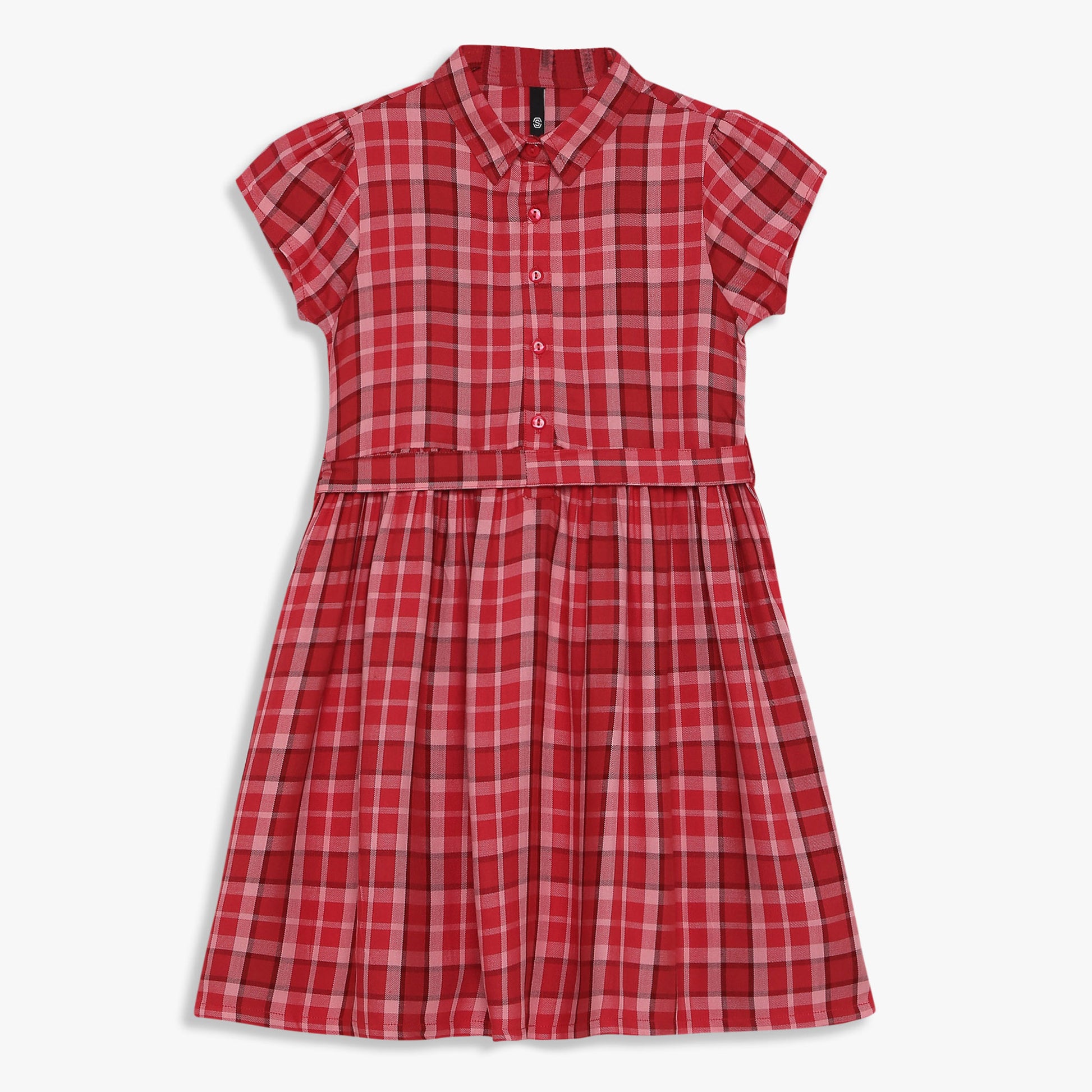 Girls Checkered Below Knee Collar Tunic Flared Dress
