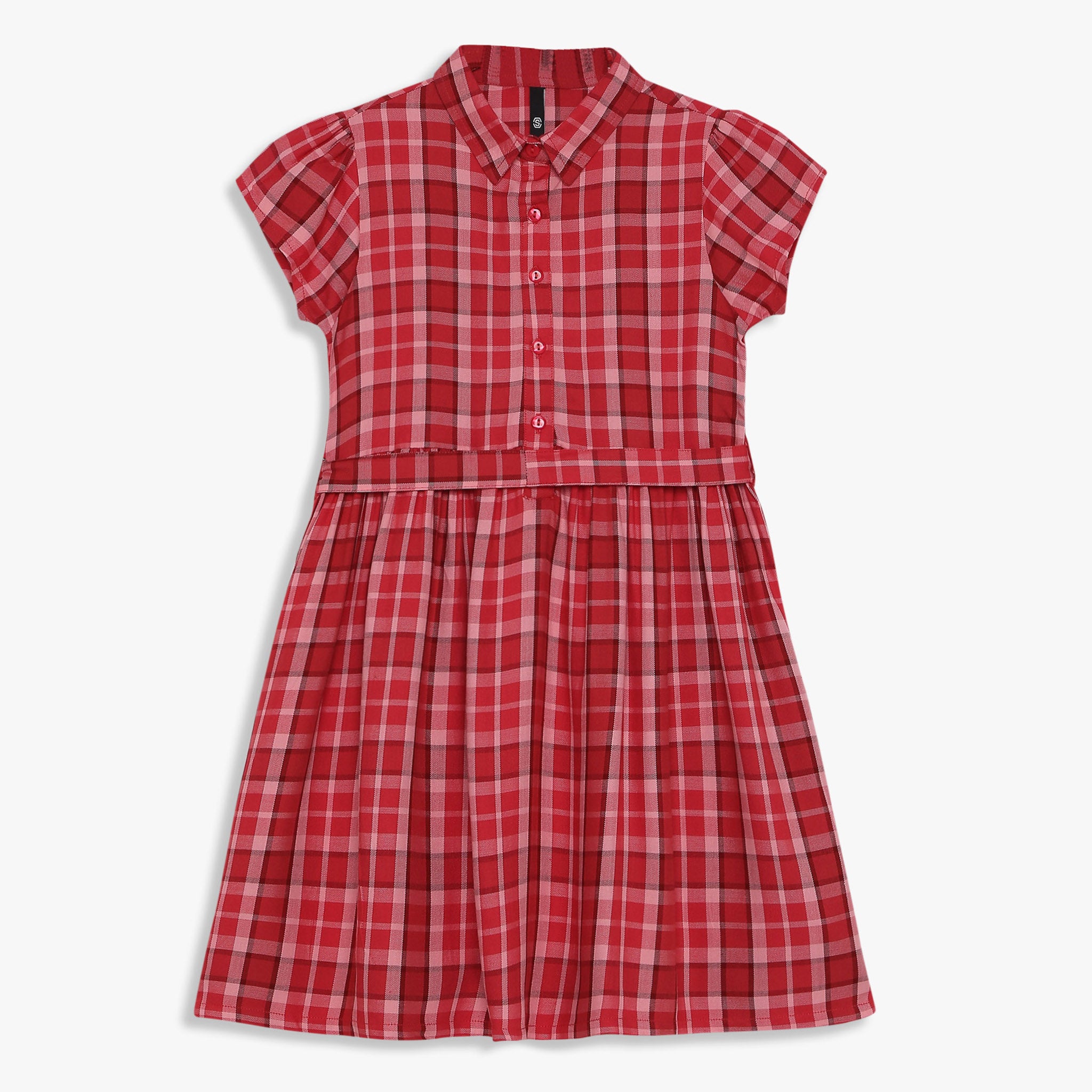 Girls Checkered Below Knee Collar Tunic Flared Dress