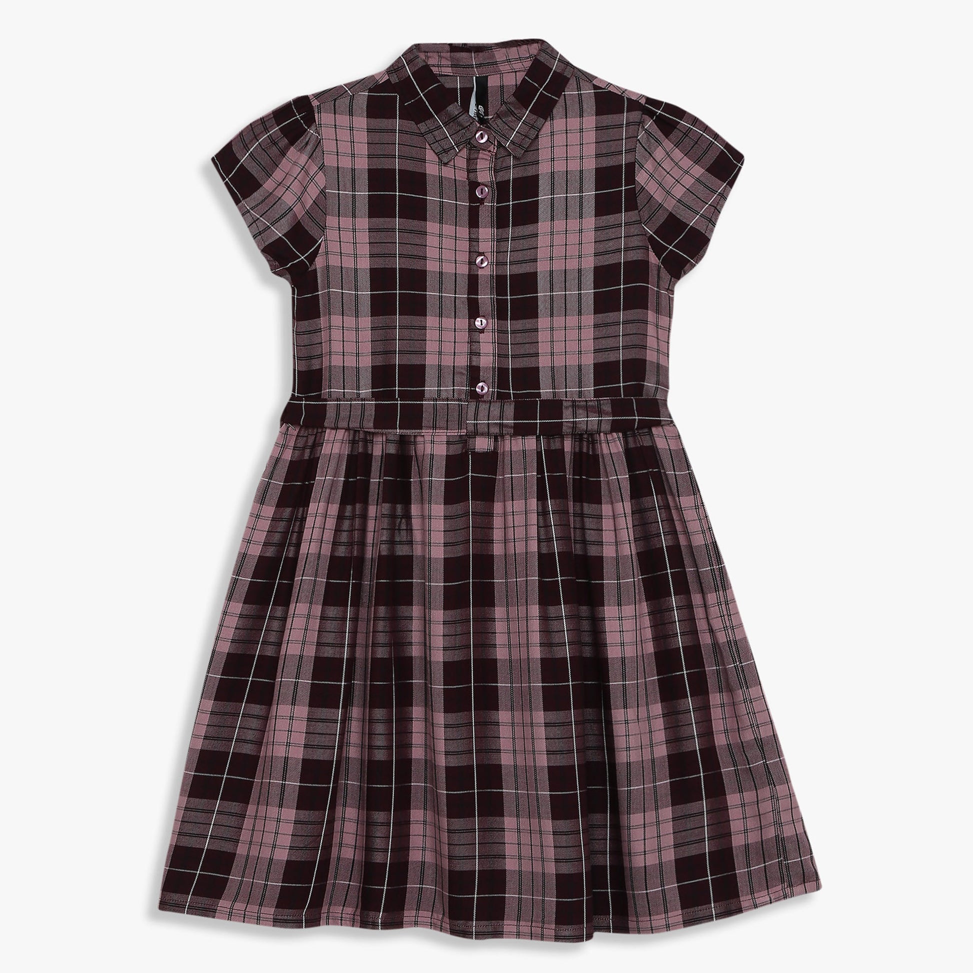 Girls Checkered Below Knee Collar Tunic Flared Dress