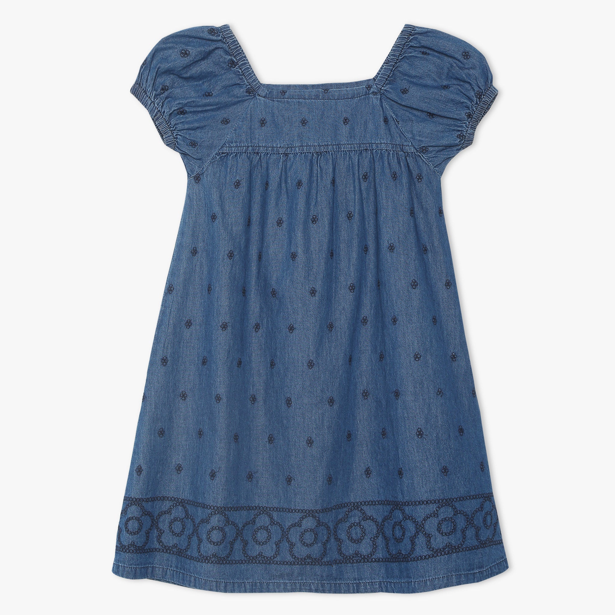 Girls Square Neck Knee Length Embroidered Dress