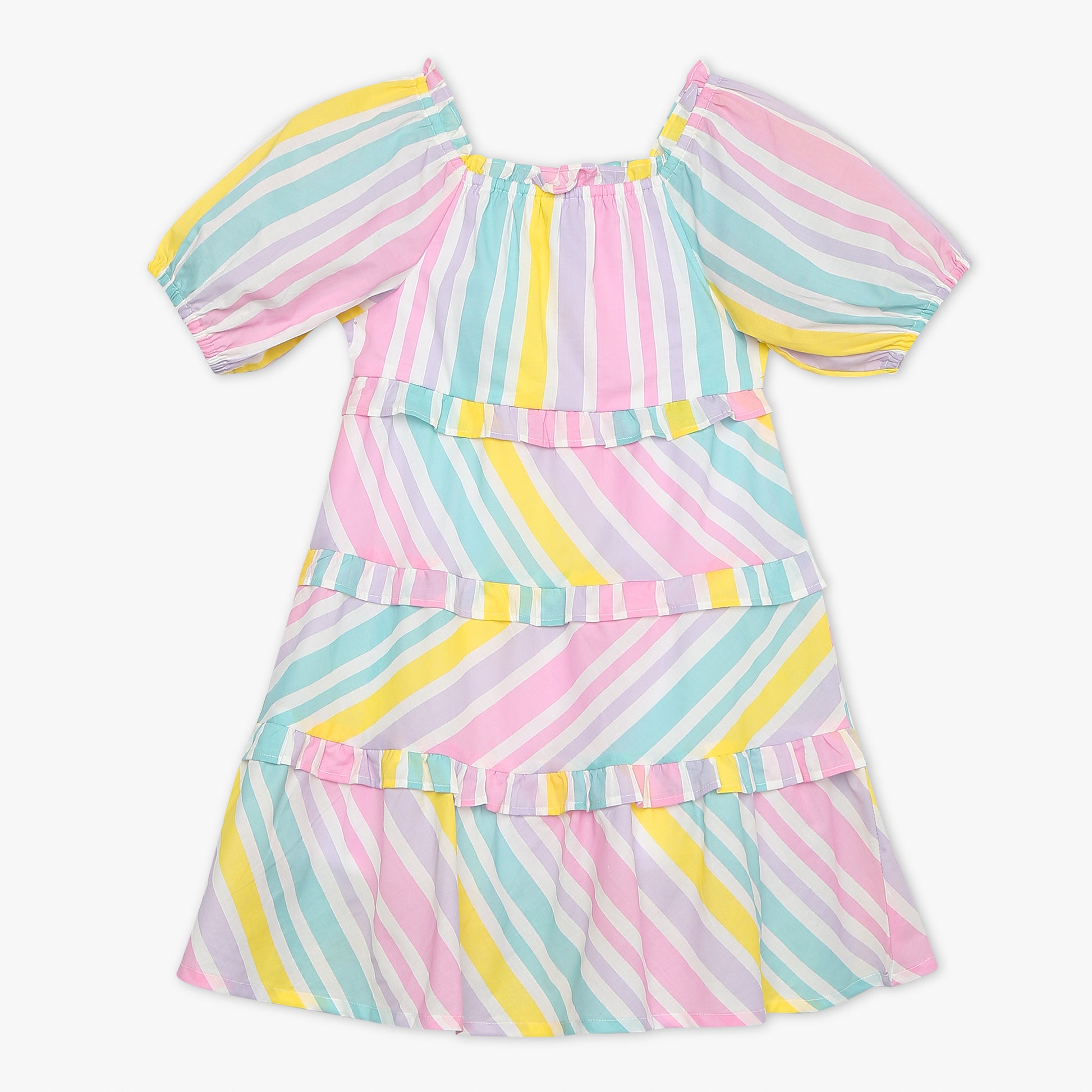 Girls Regular Fit Striped Square Neck Sleeveless Dress