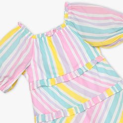 Girls Regular Fit Striped Square Neck Sleeveless Dress