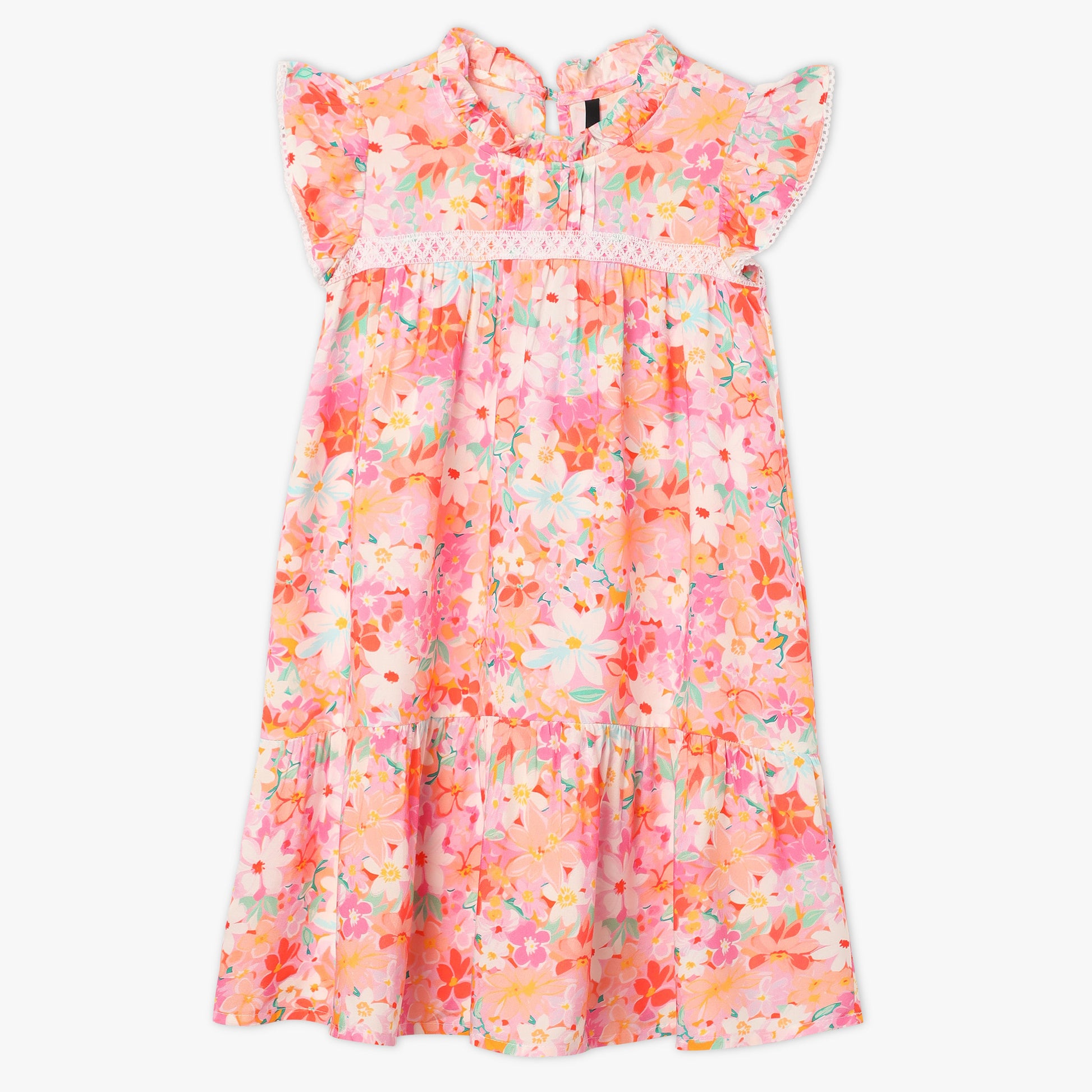 Girls Regular Fit Printed Round Neck Short Sleeve Dress