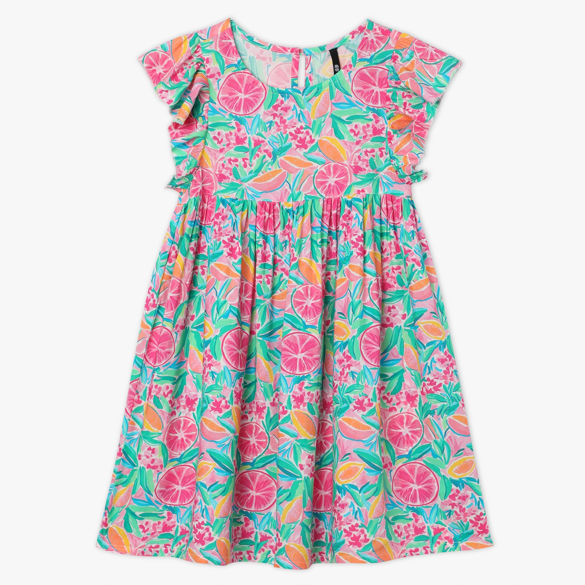 Girls Regular Fit Printed Round Neck Short Sleeve Dress