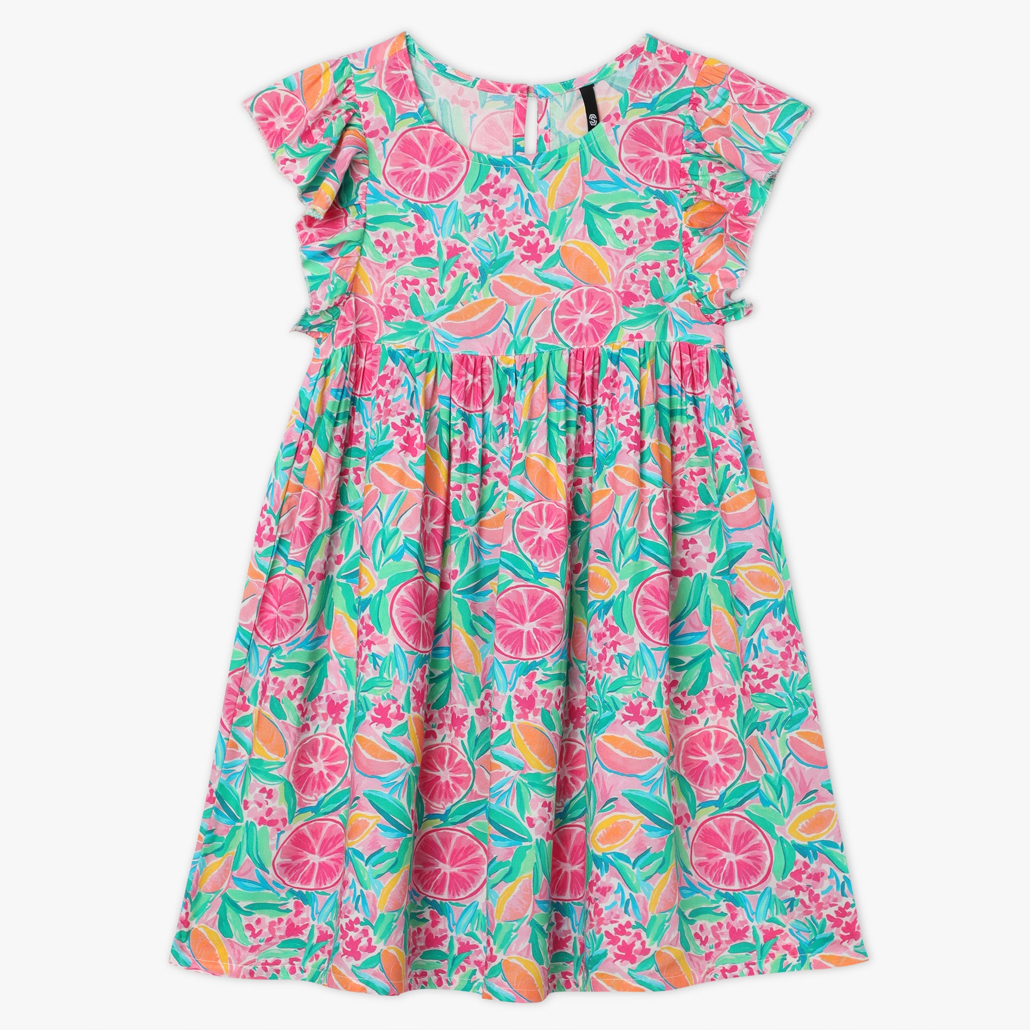 Girls Regular Fit Printed Round Neck Short Sleeve Dress