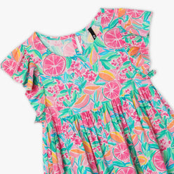 Girls Regular Fit Printed Round Neck Short Sleeve Dress