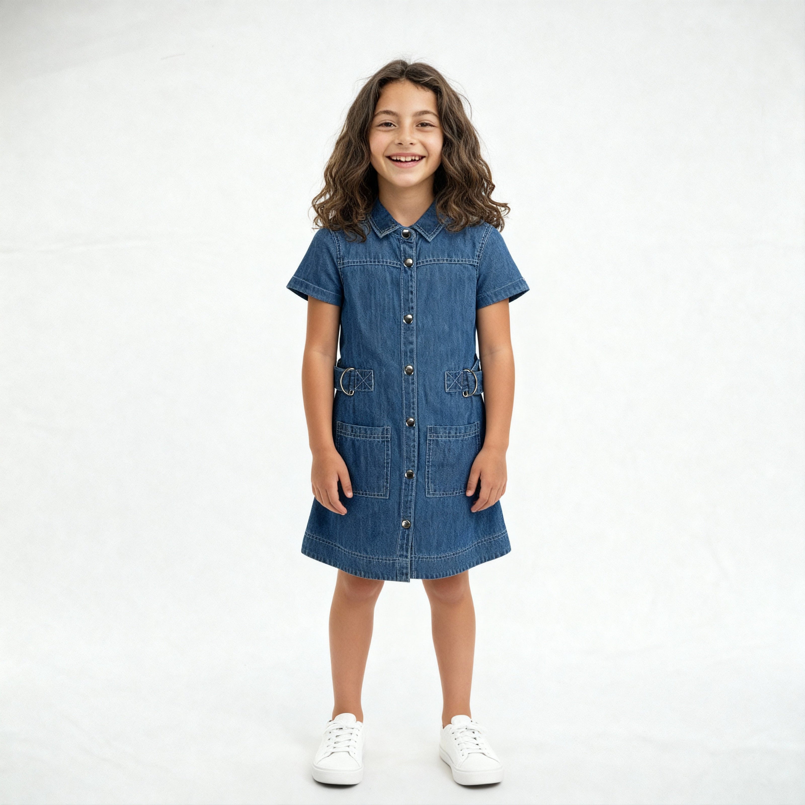 Girls Denim Dress With Belt Detail And Front Button Placket