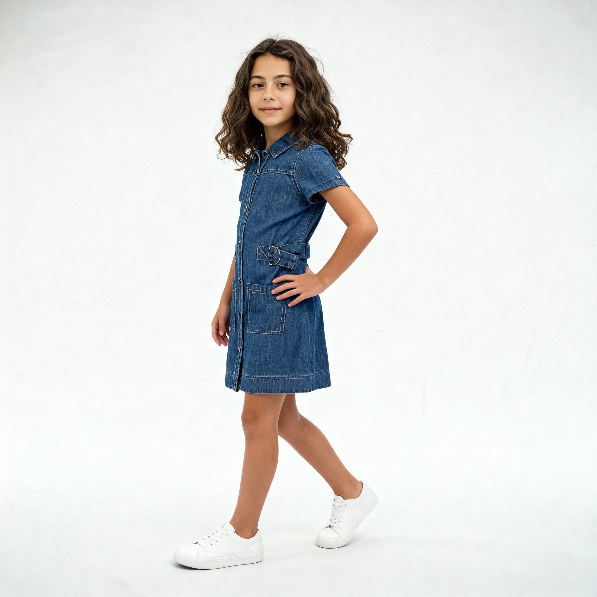 Girls Denim Dress With Belt Detail And Front Button Placket