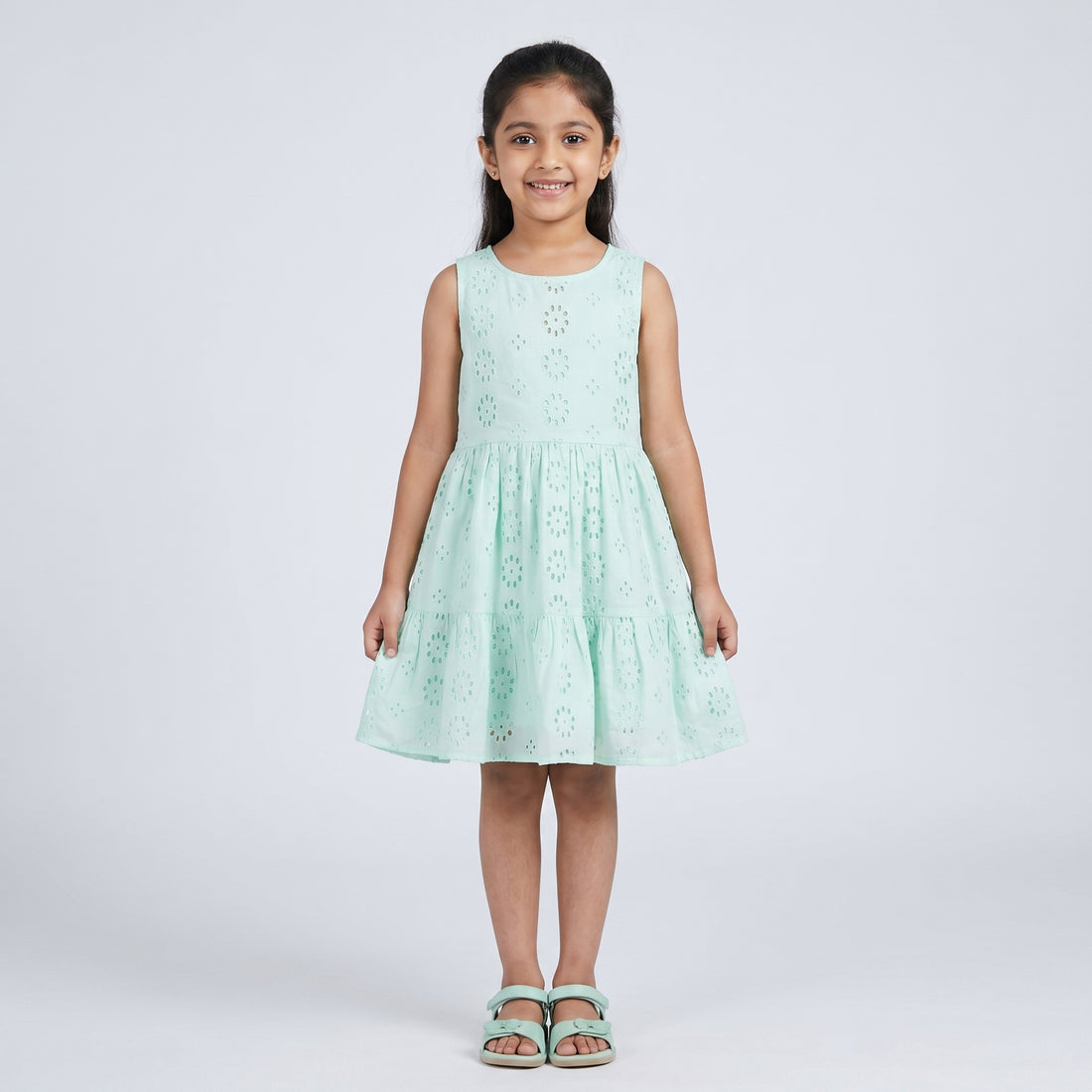 Girls Cotton Schiffli Dress With Back Cutout